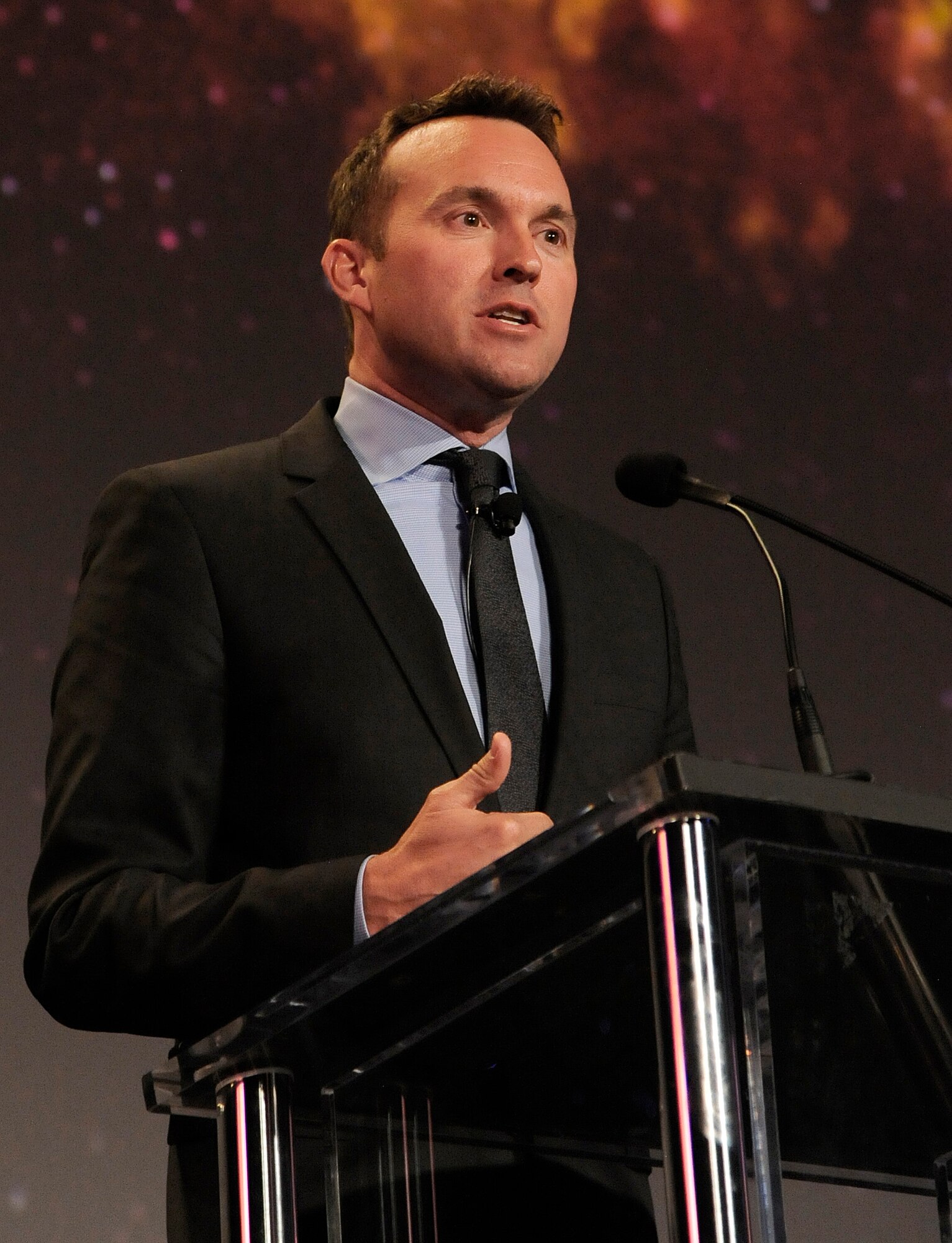 Undersecretary of the Air Force Eric Fanning speaks to a packed house at the 30th Space Symposium Corporate Partnership Dinner May 20, 2014, in Colorado Springs, Colorado. Fanning discussed vital Air Force contributions to space and cyberspace at this annual gathering of civil, military and industry professionals from across the globe. (U.S. Air Force photo/Duncan Wood)
