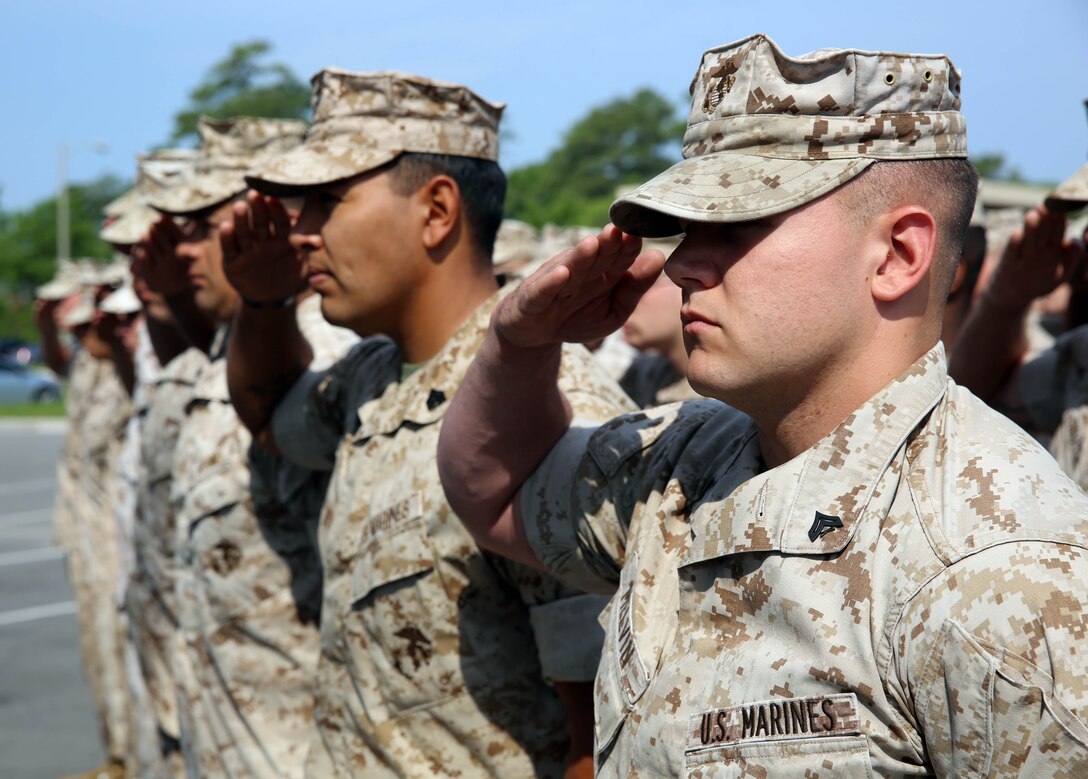 Marines and sailors with 2nd Light Armored Reconnaissance Battalion, 2nd Marine Division render salutes to the American flag for the march on of the colors during a memorial service held at the battalion headquarters aboard Marine Corps Base Camp Lejeune, N.C., May 21, 2014. The service memorialized and paid homage to fallen brothers in arms, friends and family of the LAR community.