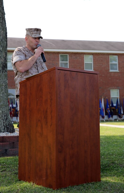 Lieutenant Col. Anthony Bango, commanding officer of 2nd Light Armored Reconnaissance Battalion, 2nd Marine Division, addresses personnel attending a memorial service held at the battalion headquarters aboard Marine Corps Base Camp Lejeune, N.C., May 21, 2014. The service memorialized and paid homage to fallen brothers in arms, friends and family of the LAR community.