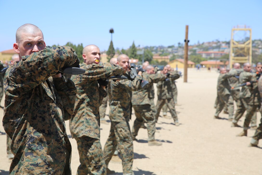 Sgt. Brian W. Hayes, Marine Corps Martial Arts Program instructor, teaches Company I, 3rd Recruit Training Battalion, how to perform bayonet techniques during a MCMAP class aboard Marine Corps Recruit Depot San Diego Calif., May 14. As recruits progress through their training, they will learn hand-to-hand combat techniques and warrior ethos.