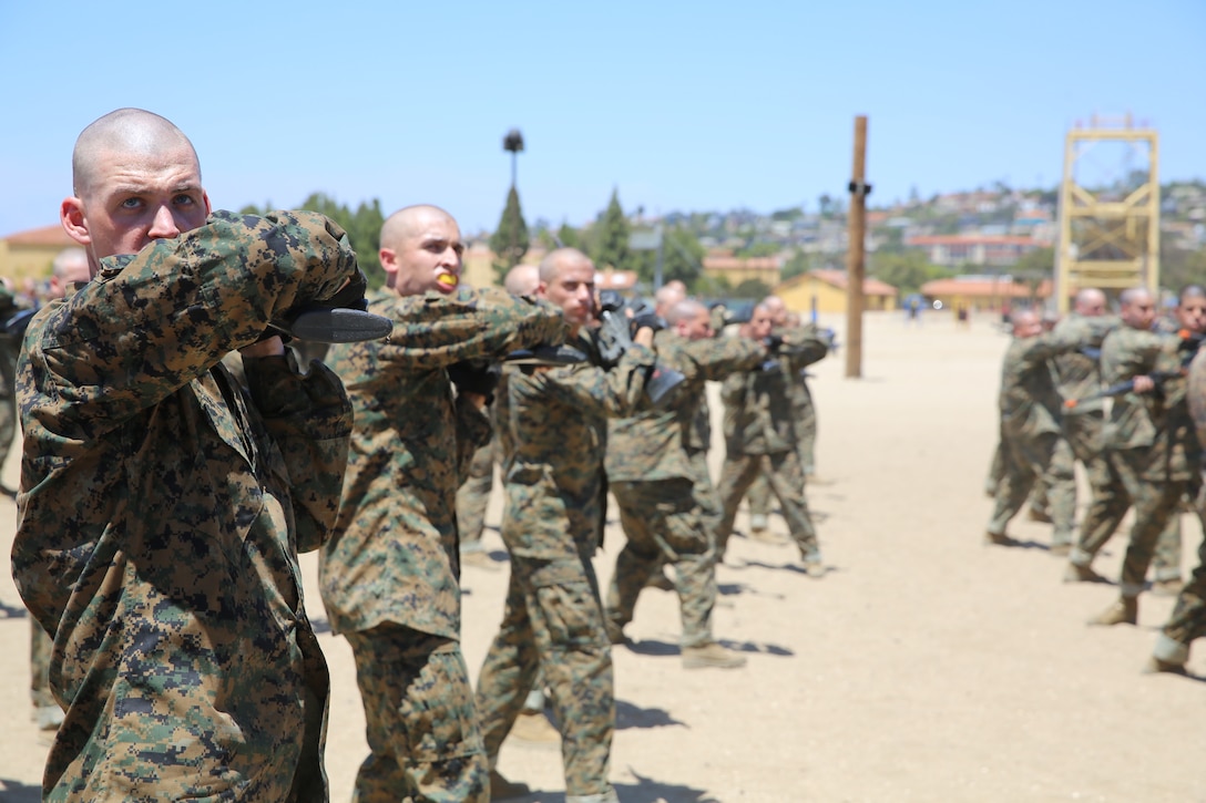 Sgt. Brian W. Hayes, Marine Corps Martial Arts Program instructor, teaches Company I, 3rd Recruit Training Battalion, how to perform bayonet techniques during a MCMAP class aboard Marine Corps Recruit Depot San Diego Calif., May 14. As recruits progress through their training, they will learn hand-to-hand combat techniques and warrior ethos.