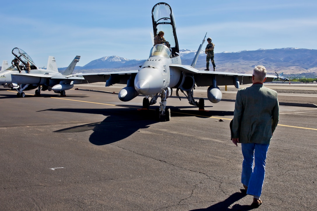 The 35th commandant of the Marine Corps, General James F. Amos, greets Marine F-18 pilots upon arriving at the Reno International airport in Reno, NV, on May 16, 2014. (U.S. Marine Corps photo by Sgt. Mallory S. VanderSchans)(RELEASED)

