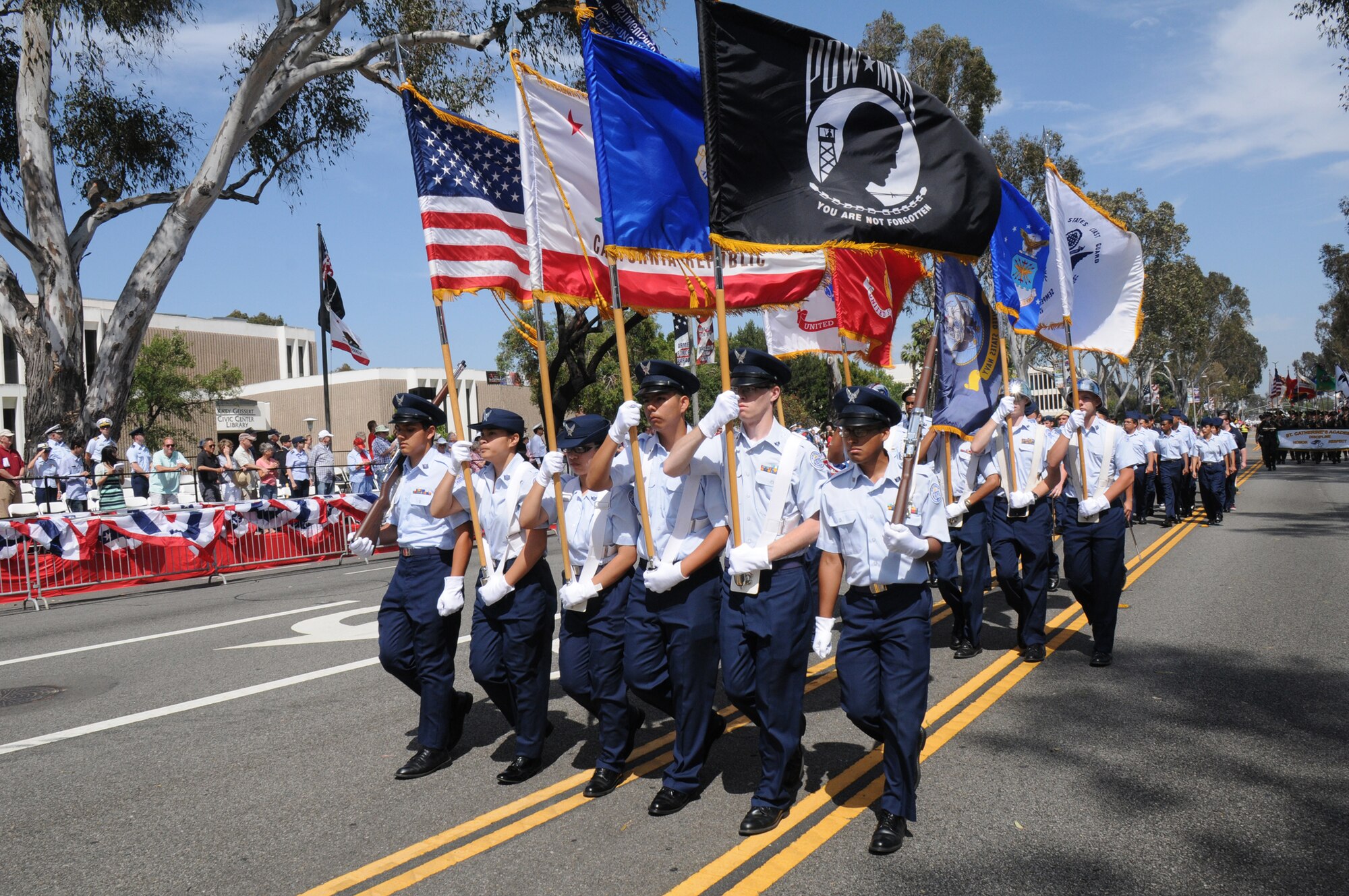 Members of the San Pedro High School JROTC pass by the reviewing stand during the annual Torrance Armed Forces Day parade, May 17. (Photo by Joe Juarez) 