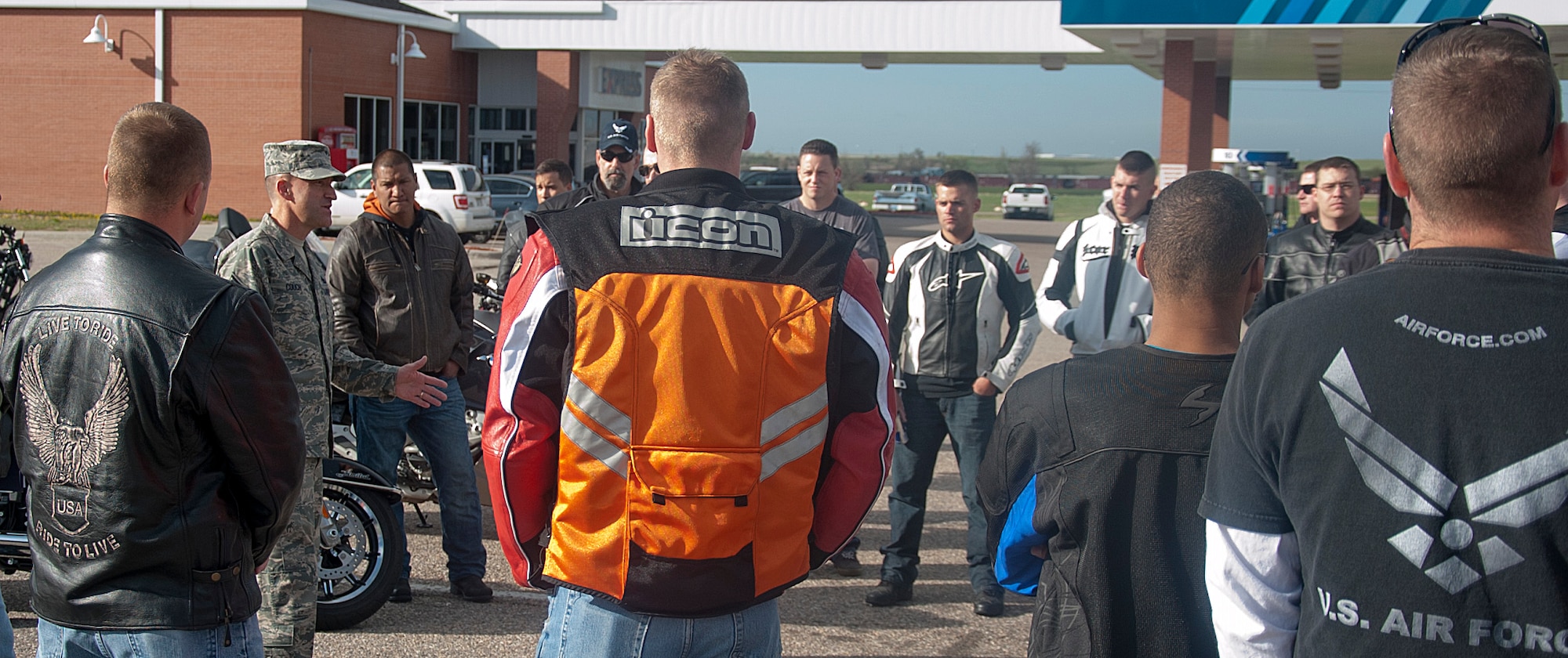 140522-F-GZ967-013 Chief Master Sgt. Samuel Couch, the new 90th Missile Wing command chief, speaks to the collected motorcycle riders May 22 in the Trail’s End Club’s parking lot. Couch wished the riders have a safe and fun ride. (U.S. Air Force photo by Airman 1st Class Brandon Valle)
