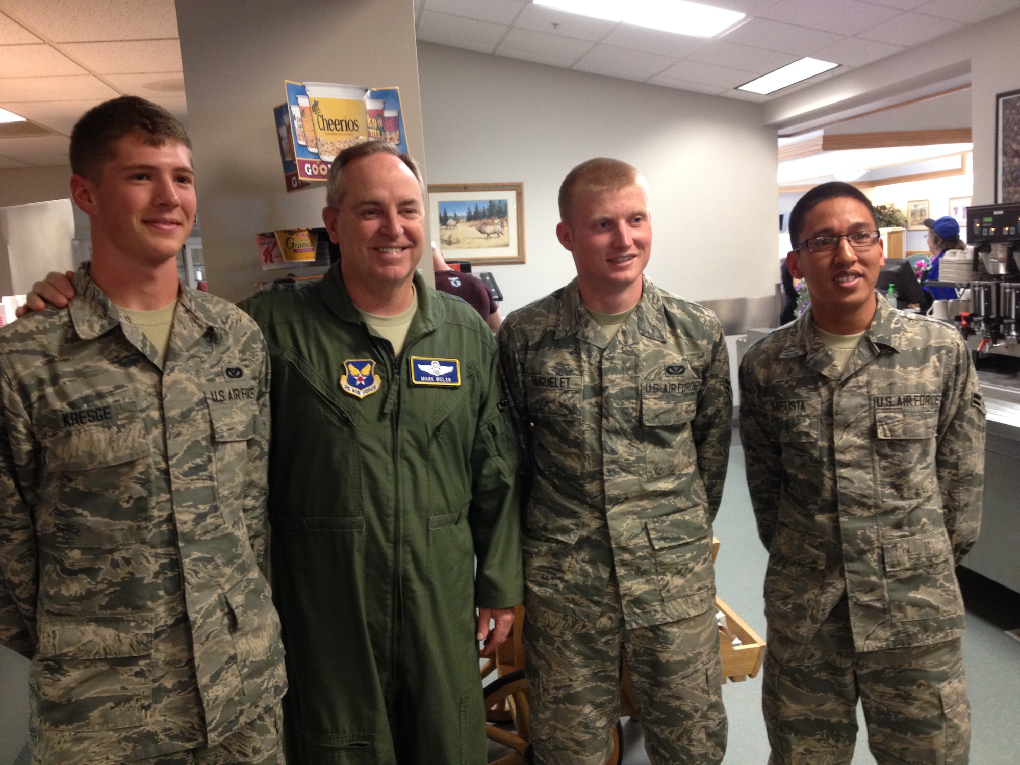 Air Force Chief of Staff Gen. Mark A. Welsh III and his spouse, Mrs. Betty Welsh, made a surprise visit to Malmstrom Air Force Base, Mont., on May 22. Gen. Welsh joined squadron commanders for lunch while Mrs. Welsh visited with Airmen at Missile 
Alert Facility I-01. Pictured with Gen. Welsh from left to right are Airman Adam Kresge and Airmen First Class Seth Huguelet and Bryson Baptista, all members of the 819th RED HORSE Squadron. (Courtesy photo)
