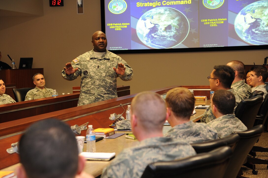 Command Sgt. Maj. Patrick Z. Alston, U.S. Strategic Command senior enlisted leader, informs selected noncommissioned officers about USSTRATCOM during Air Force Global Strike Comamnd’s Striker Stripe conference at Barksdale Air Force Base, Louisiana., May 14. Alston explained how AFGSC supports USSTRATCOM’s strategic deterrence mission. (U.S. Air Force photo/Airman 1st Class Jannelle Dickey)