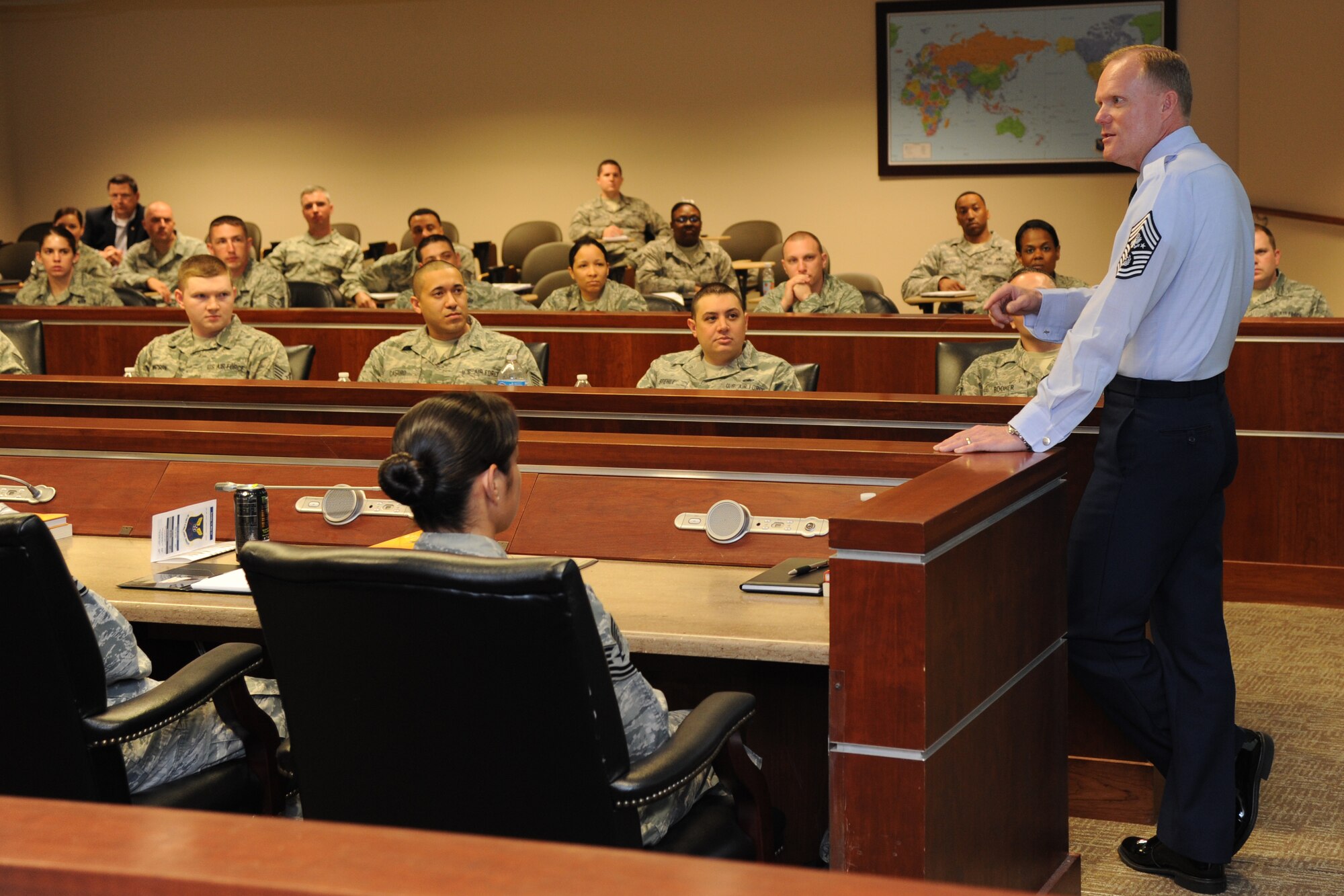 Chief Master Sgt. of the Air Force James A. Cody addresses selected noncommissioned officers during Air Force Global Strike Command’s Striker Stripe conference at Barksdale Air Force Base, Louisiana. May 14. Cody discussed the NCO’s concerns such as the revisions of the performance review and promotion system. (U.S. Air Force photo/Airman 1st Class Jannelle Dickey) 