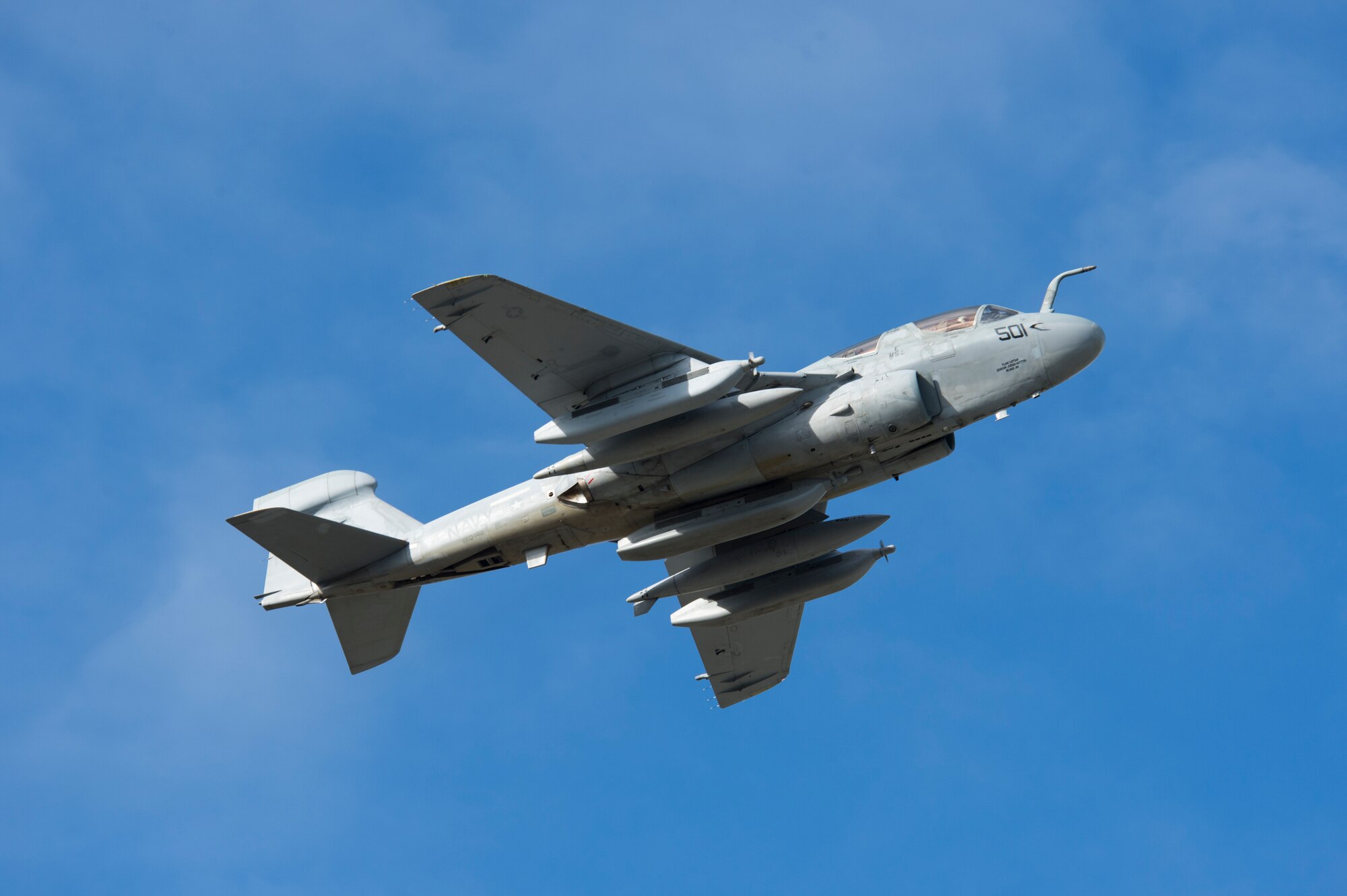 A U.S. Navy EA-6B Prowler assigned to Electronic Attack Squadron 142, Naval Air Station Whidbey Island, Wash., takes off for a sortie during RED FLAG-Alaska 14-1 May 20, 2014, Eielson Air Force Base, Alaska. The EA-6B's primary mission is to support ground attack operations by disrupting enemy electromagnetic activity within the airspace. (U.S. Air Force photo by Senior Airman Peter Reft/Released)