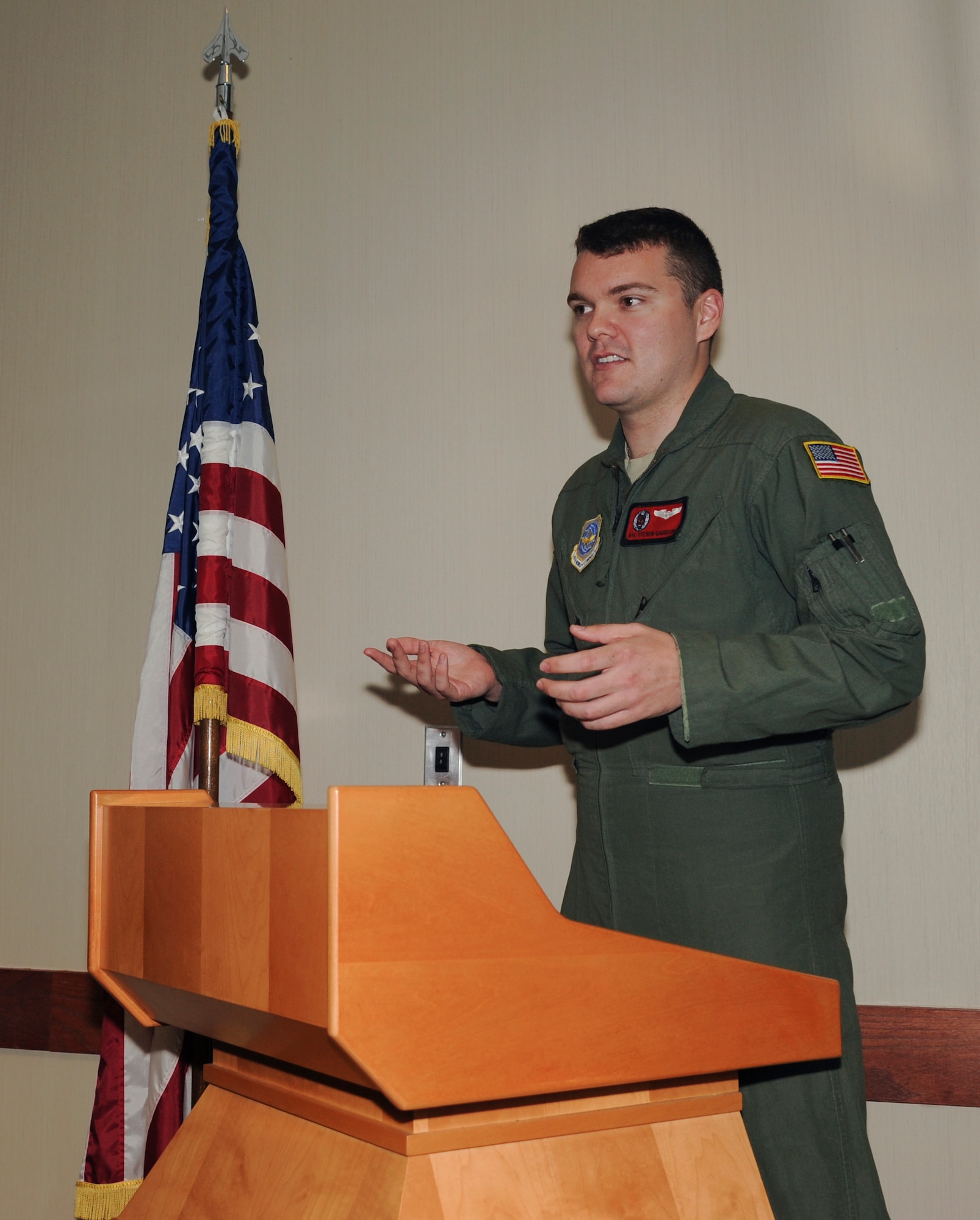 Airman 1st Class Steven Garrison, a 50th Airlift Squadron loadmaster, delivers a speech as the Toastmasters Club acting vice president May 16, 2014, at Little Rock Air Force Base, Ark. Toastmasters provides skills that develop members' communication and leadership qualities. (U.S. Air Force photo by Airman 1st Class Harry Brexel)