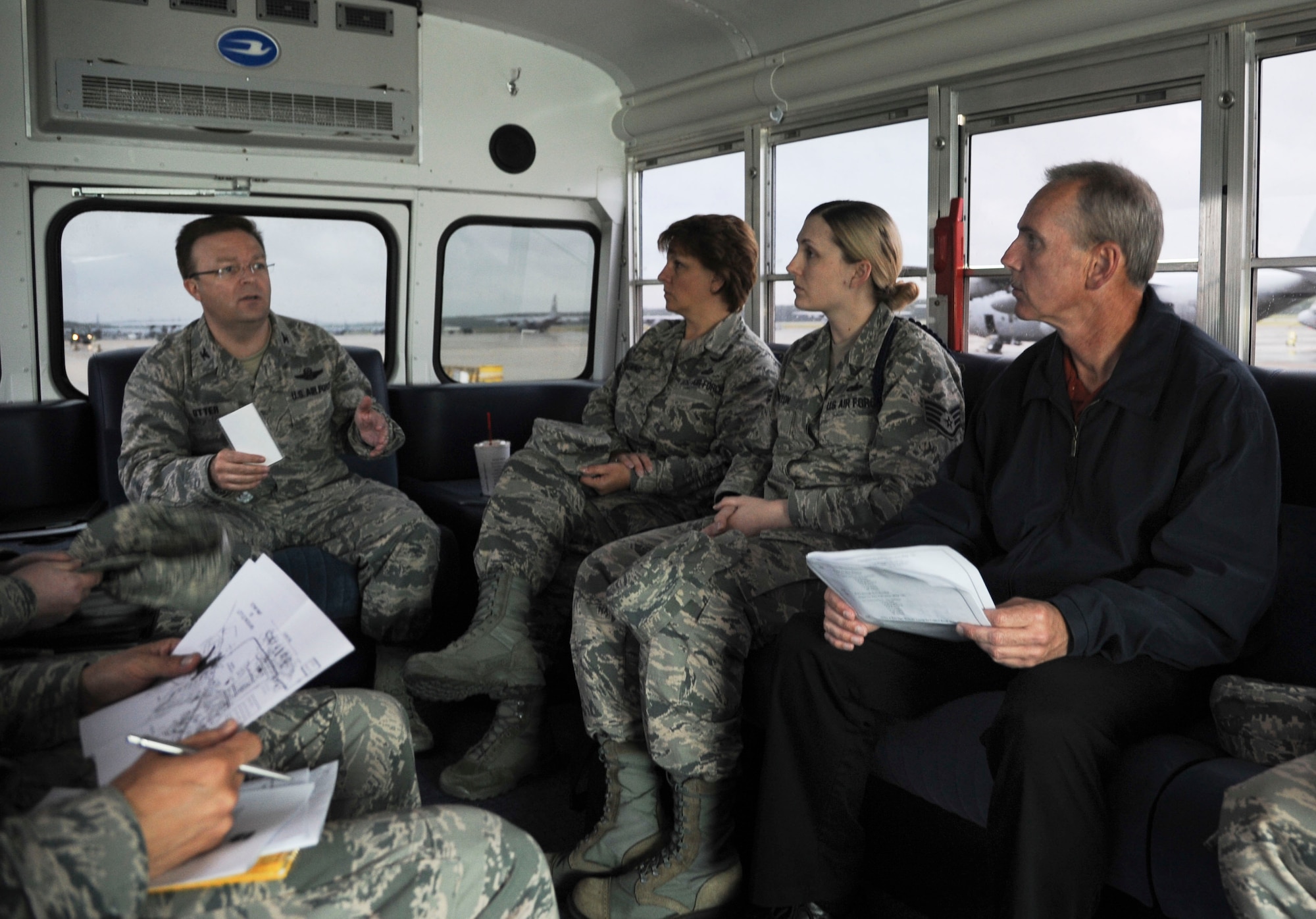 Col. William Otter, 19th Airlift Wing vice commander, discusses plans for a distinguished visitor tour with Chris Schack, 19th Airlift Wing Protocol deputy chief, May 14, 2014, at Little Rock Air Force Base, Ark. Distinguished visitors may range from general officers, foreign officers or a government officials with a rank equivalent to brigadier general or higher. (U.S. Air Force photo by Airman 1st Class Harry Brexel) 