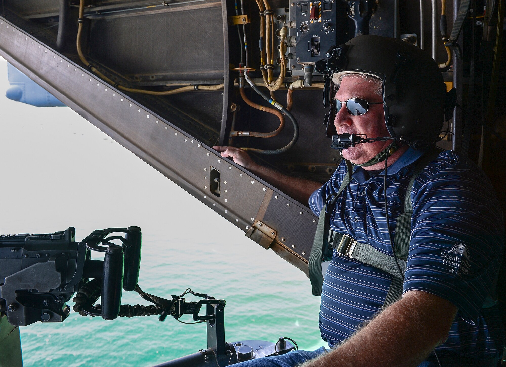 Brian Ekedahl, Hurlburt Field honorary command chief, flies on a CV-22 Osprey training flight May 20, 2014. The honorary commander program was designed to educate local community leaders about the Air Force and Hurlburt Field’s mission. (U.S. Air Force photo/Airman 1st Class Jeff Parkinson)