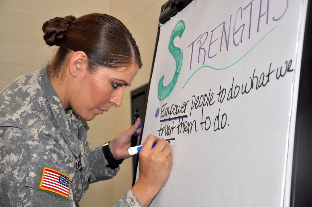 Army Spc. Ciara Laboy takes notes during a group discussion about empowering members of the Arizona National Guard to reach their full potential at a commanders’ summit in Phoenix, May 15. The Arizona Adjutant General Maj. Gen. Michael McGuire asked leaders to think creatively about inspiring members to seize opportunities and not settle for mediocrity. (National Guard photo by Air Force Maj. Gabe Johnson)