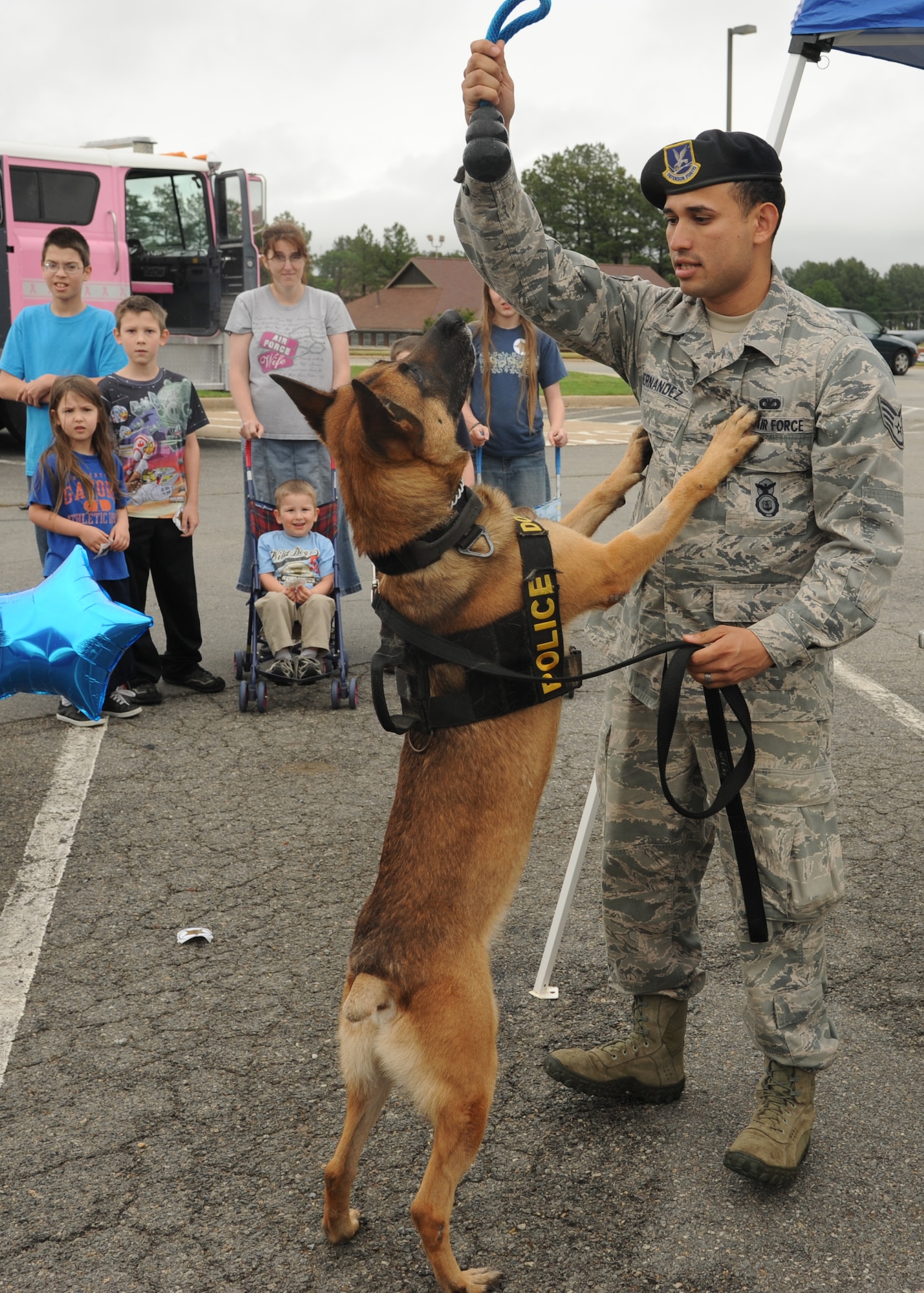 Staff Sgt. Eric Hernandez, a 19th Security Forces Squadron military dog handler, demonstrates the capabilities of his K-9 May 13, 2014, at Little Rock Air Force Base, Ark. Hernandez and his dog were part of the events honoring National Police Week. (U.S. Air Force photo by Airman 1st Class Harry Brexel)