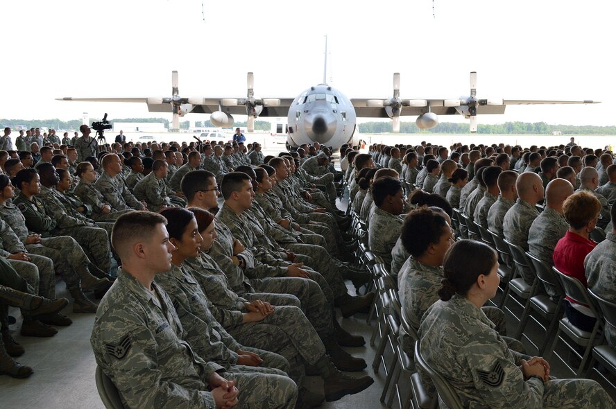 Pope Army Airfield Airmen listen to Secretary of the Air Force Deborah Lee James during her "all call" on May 19. James received mission briefings from Pope commanders, toured facilities, and had lunch with Airmen during her one-day visit. (U.S. Air Force photo/Marvin Krause)