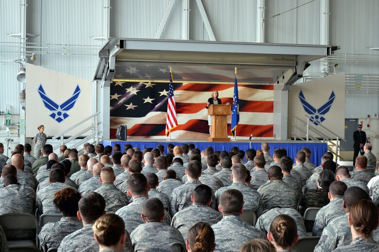 Secretary of the Air Force Deborah Lee James conducts an "all call" to Pope Army Airfield Airmen on May 19. James received mission briefings from Pope commanders, toured facilities, and had lunch with Airmen during her one-day visit. (U.S. Air Force photo/Marvin Krause)