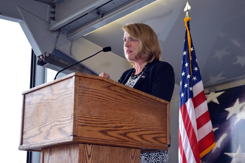 Secretary of the Air Force Deborah Lee James answers Airmen's questions during an "all call" to Pope Army Airfield Airmen on May 19. James received mission briefings from Pope commanders, toured facilities, and had lunch with Airmen during her one-day visit. (U.S. Air Force photo/Marvin Krause)