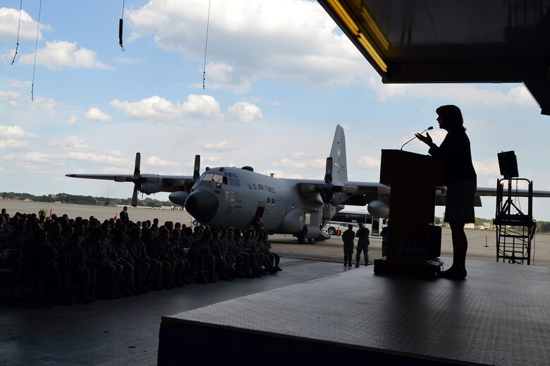 Secretary of the Air Force Deborah Lee James conducts an "all call" to Pope Army Airfield Airmen on May 19. James received mission briefings from Pope commanders, toured facilities, and had lunch with Airmen during her one-day visit. (U.S. Air Force photo/Marvin Krause)