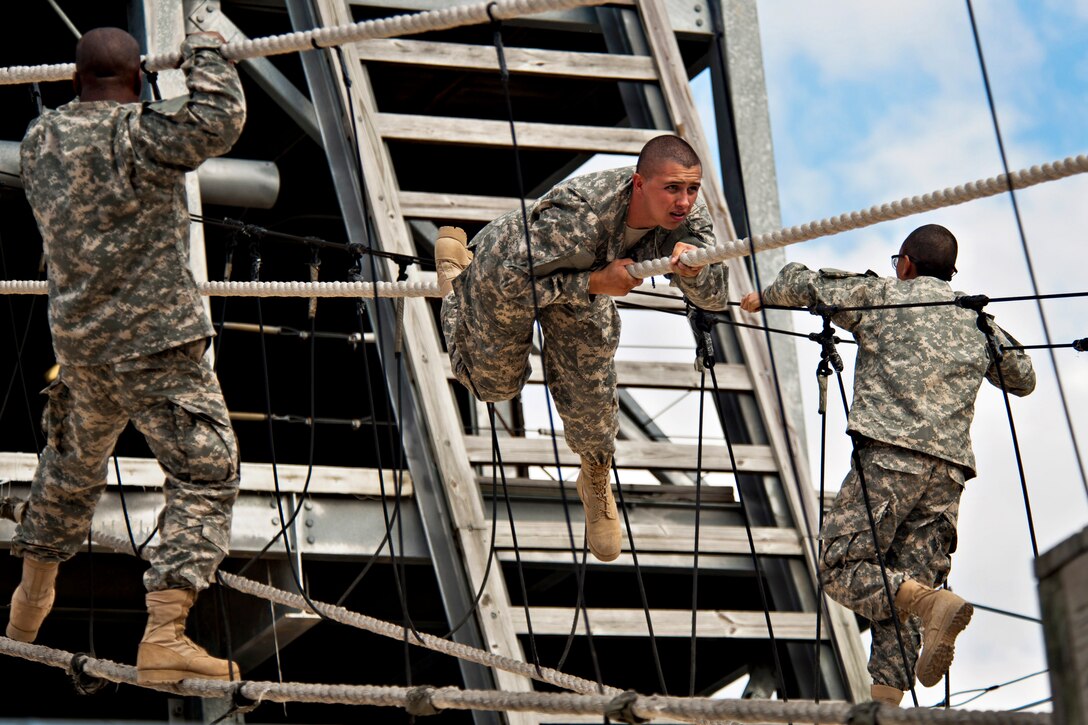 Army privates negotiate the "Victory Tower," a military obstacle course designed to build confidence in new recruits on Fort Jackson, S.C., Oct. 25, 2012.  
