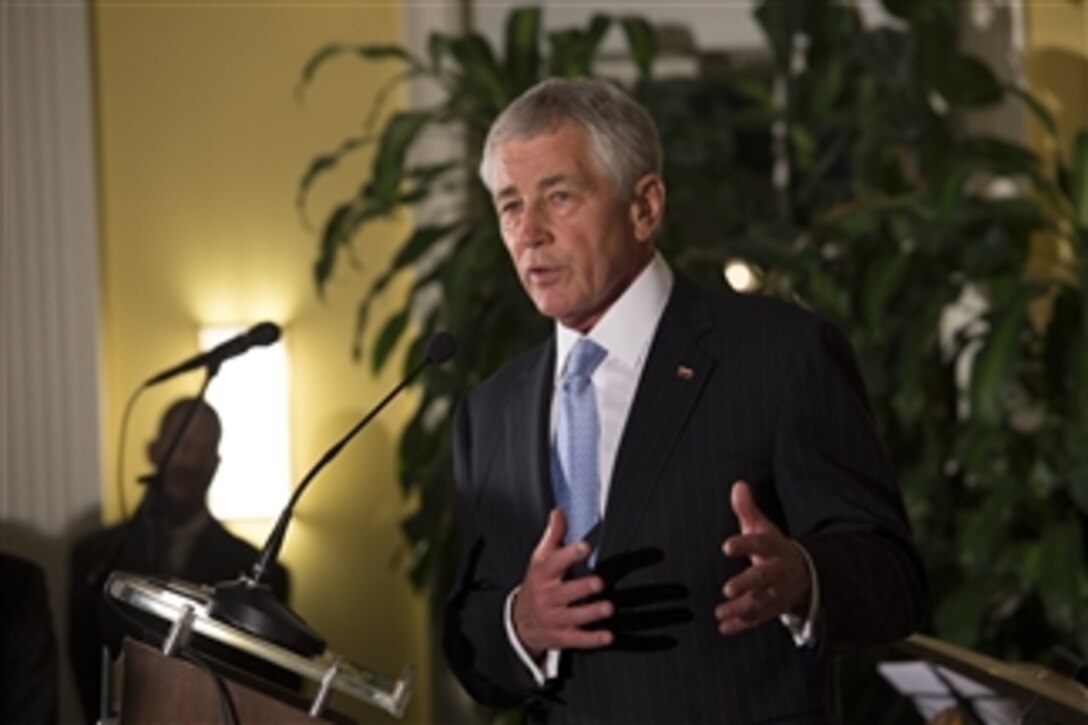 Defense Secretary Chuck Hagel delivers remarks at Freedom Night, a celebration of Poland's 223rd Constitution Day and 25th anniversary of transition to freedom and democracy, at the Polish ambassador's residence in Washington, D.C., May 21, 2014. 