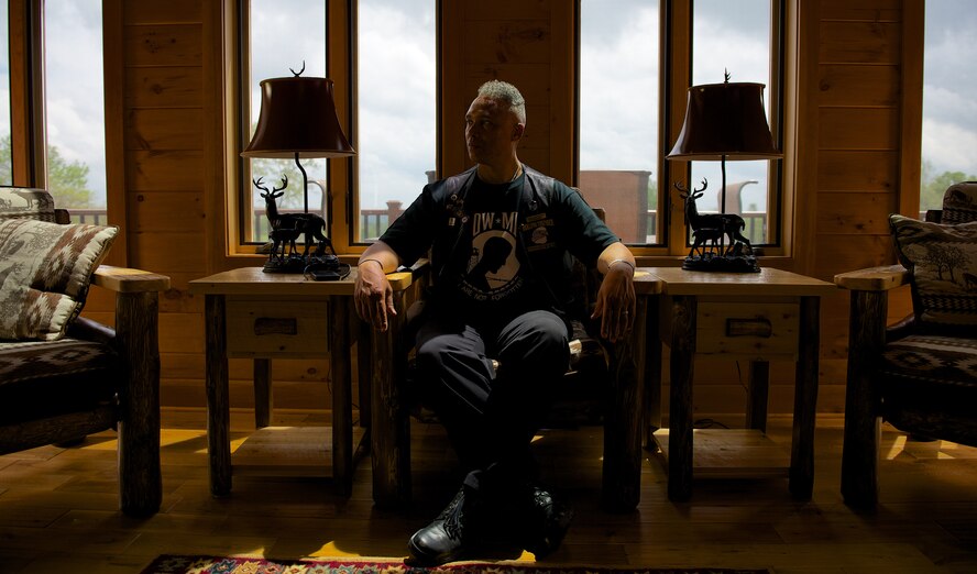 Retired Master Sgt. Rob Wilkins pauses for a moment during his visit to Boulder Crest Retreat for wounded warriors, May 15, 2014, in Bluemont, Va. Wilkins is on the board directors for the non-profit retreat, which offers free vacation cabins stays, outdoor activities and non-clinical therapy to returning combat veterans and their families. (U.S. Air Force photo/Senior Airman Alexander W. Riedel)