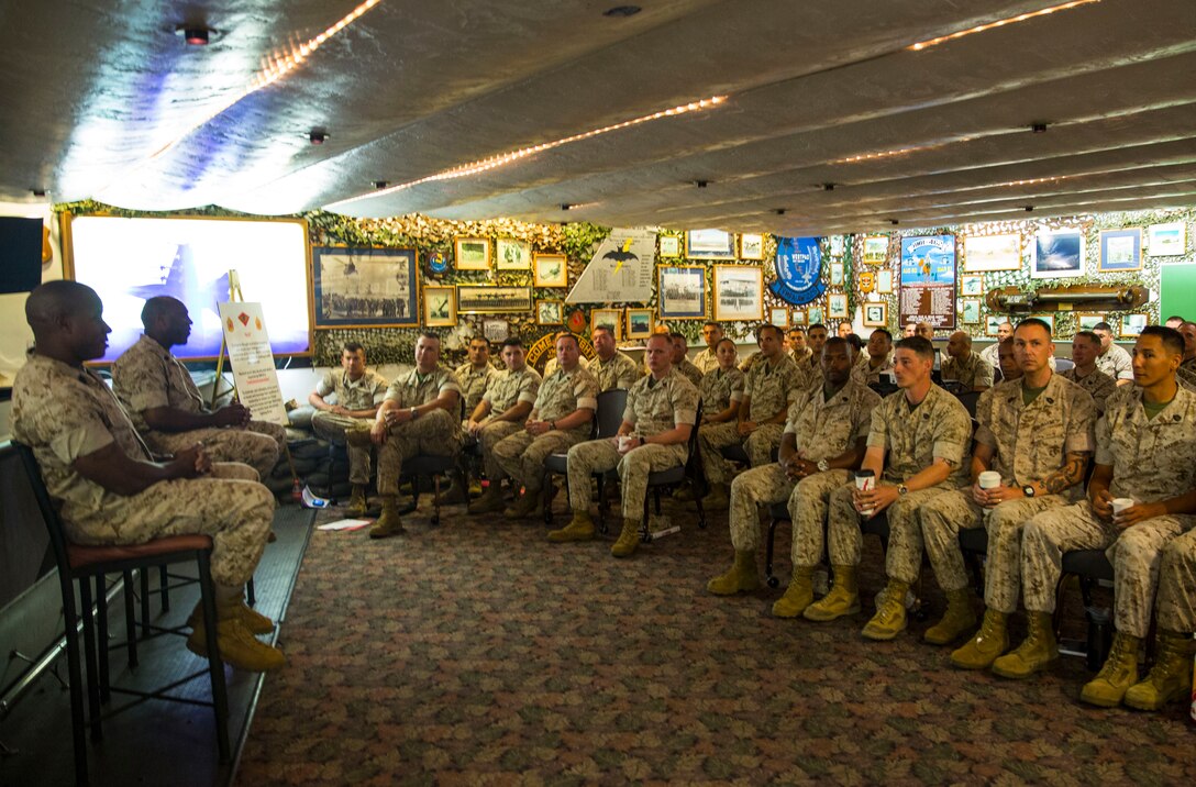 Senior enlisted listen to a brief during the 3rd Marine Aircraft Wing Master Sergeant and Gunnery Sergeant Committed and Engaged Leadership Professional Military Education course aboard Marine Corps Air Station Miramar, Calif., May 22. The PME lasted three days and discussed topics at the staff noncommissioned officer level. 