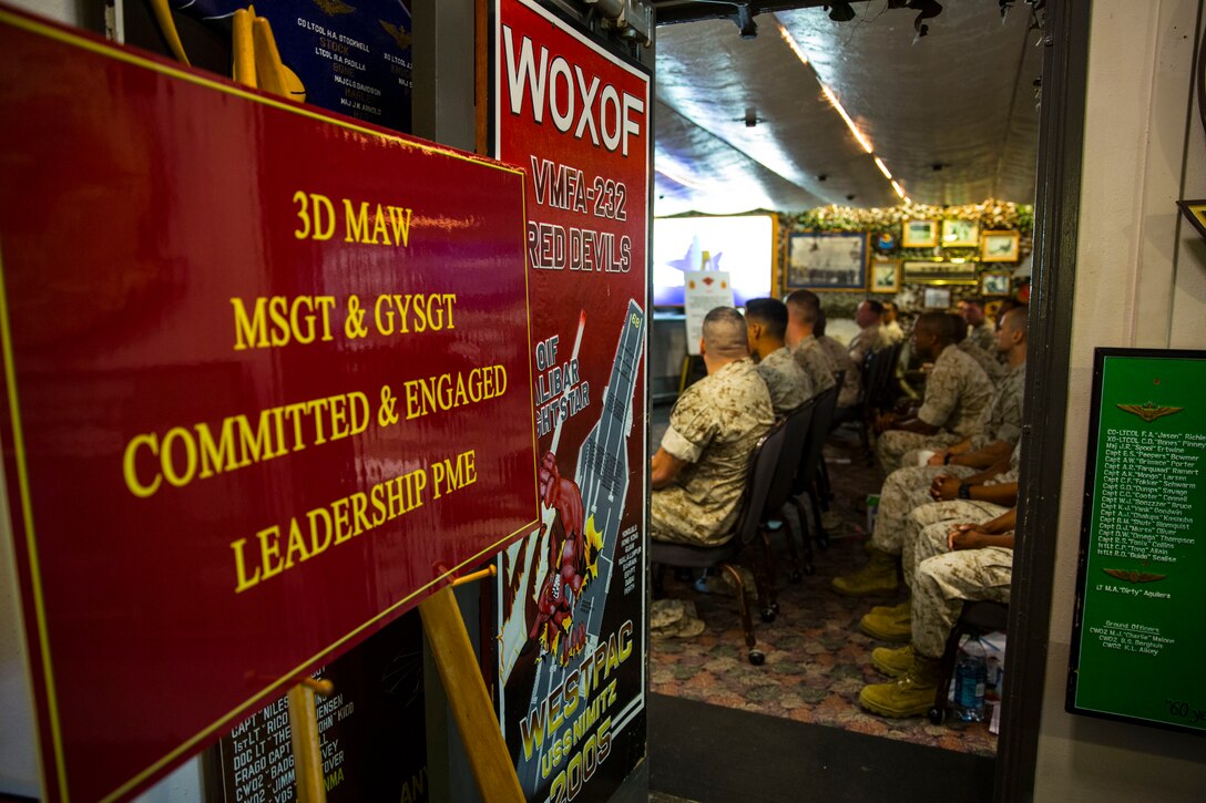 Senior enlisted listen to a brief during the 3rd Marine Aircraft Wing Master Sergeant and Gunnery Sergeant Committed and Engaged Leadership Professional Military Education course aboard Marine Corps Air Station Miramar, Calif., May 22. Leaders received briefs from guest speakers, including Sgt. Maj. Ronald Green, sergeant major of I Marine Expeditionary Force. 