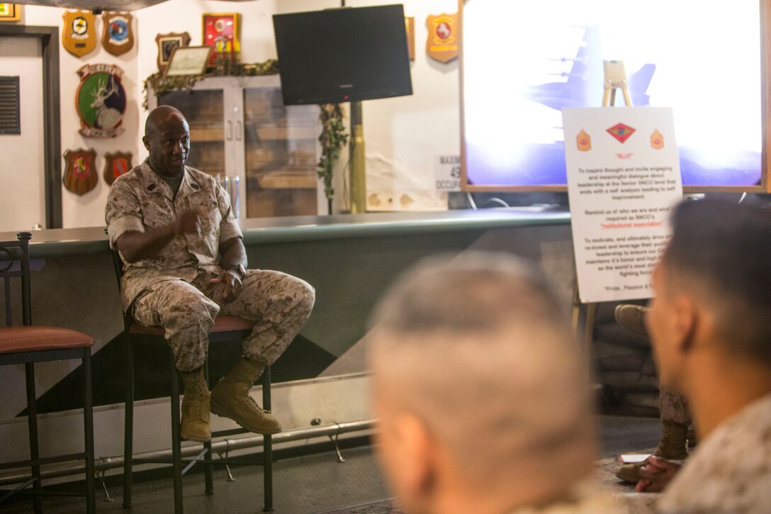 Sgt. Maj. Ronald Green, sergeant major of I Marine Expeditionary Force, speaks to senior enlisted during the 3rd Marine Aircraft Wing Master Sergeant and Gunnery Sergeant Committed and Engaged Leadership Professional Military Education course aboard Marine Corps Air Station Miramar, Calif., May 22. The senior leaders learned new ways to be better committed and engaged leaders for their junior Marines. 