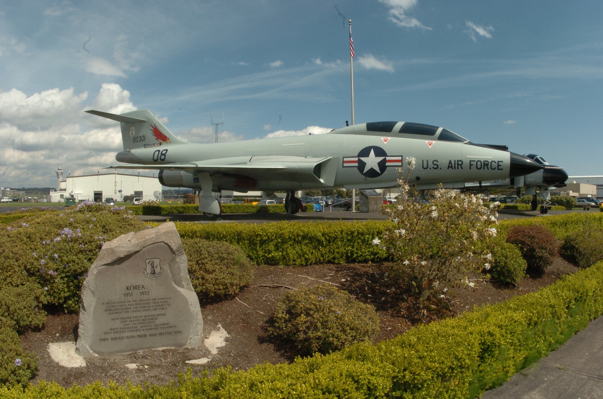 The Oregon ANG Memorial Park, with view featuring the Korean War memorial and the F-101B Voodoo flown by the 142nd Fighter Wing. (Air National Guard photo by Tech. Sgt. John Hughel, 142nd Fighter Wing Public Affairs)