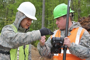 140523-Z-VA676-048  Master Sgt. Harold Bauzon and Staff Sgt. Luke Lavigne discuss a site reading while working while working at Camp Hinds Boy Scout camp, Raymond, Maine, May 22, 2014. Bauzon and Lavigne, both engineering assistants, are among about three dozen Airmen from the 127th Civil Engineer Squadron, Michigan Air National Guard, who are working on various construction projects at the camp during an Innovative Readiness Training mission, which allows military personnel to get training in various tasks and a community organization, in this case the Boy Scouts, to benefit from the work. About two dozen Marine Reservists from the 6th Engineer Support Battalion are also working on the project, as well as several Airmen from the Rhode Island Air National Guard. (U.S. Air National Guard photo by Technical Sgt. Dan Heaton)