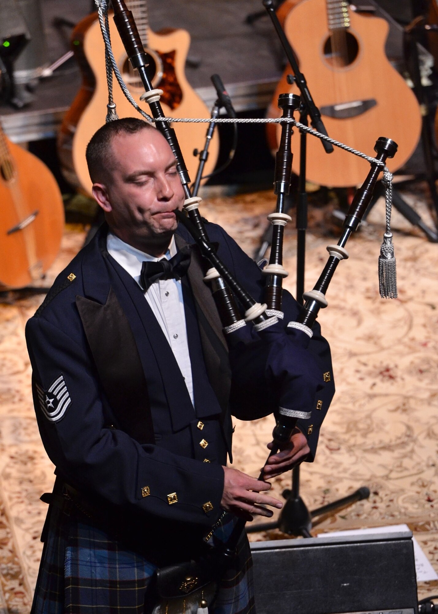 Technical Sgt. Adam Tianello, the official bagpiper of the United States Air Force plays at The Long Center for the Performing Arts in Lafayette, Ind.  (U.S. Air Force photo by Senior Master Sgt. Bob Kamholz/released)