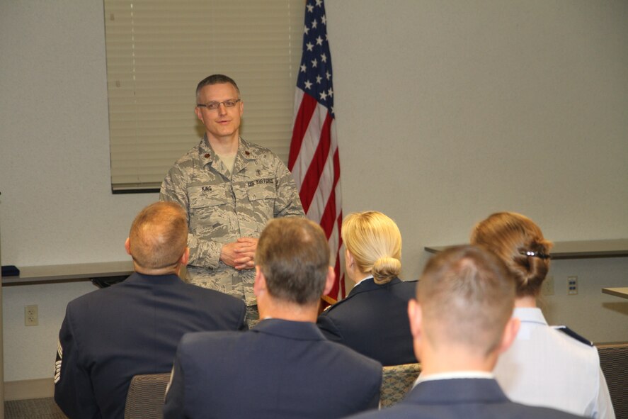 Chaplain (Maj.) Stewart King of the 932nd Airlift Wing Chaplain's office, speaks to members of the unit about his experiences during the May Unit Training Assembly.  (U.S. Air Force photo/Tech. Sgt. Chris Parr)