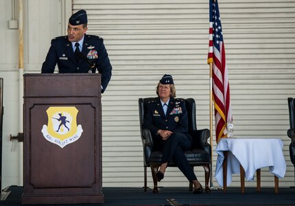 Col. John Lamontagne addresses members of the 437th Airlift Wing and invited guests for his first time as the new commander of the 437th AW May 22, 2014, in Nose Dock 2 at Joint Base Charleston - Air Base, S.C. (U.S. Air Force photo/Senior Airman Dennis Sloan)
