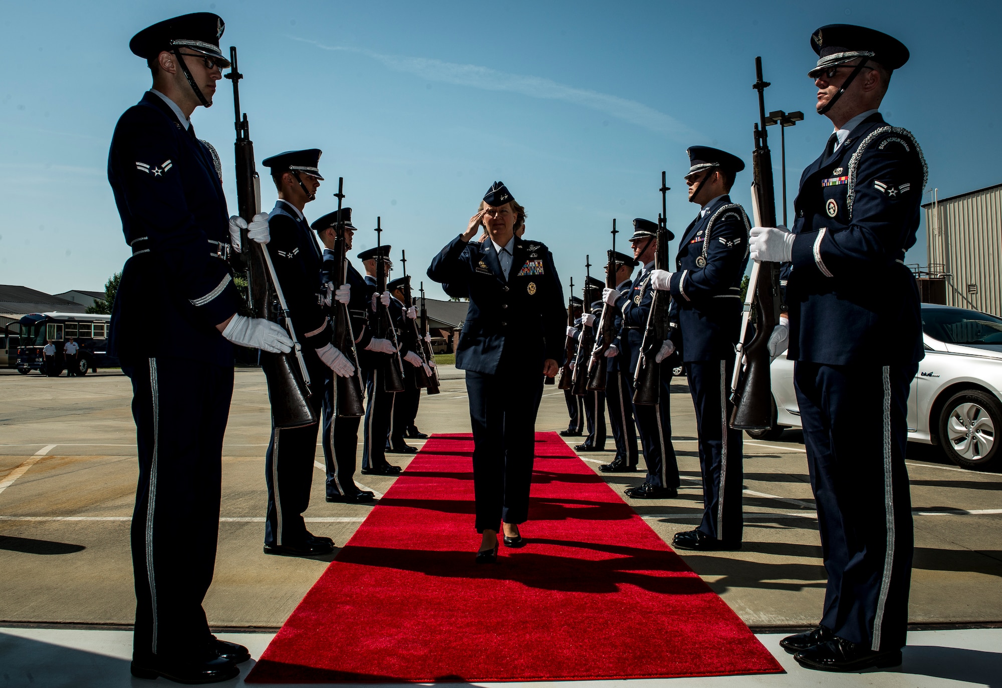 Maj. Gen. Barbara Faulkenberry, 18th Air Force commander, arrives at the 437th Airlift Wing change of command ceremony where she addressed members and invited guests of the 437th AW and officiated the change of command ceremony on May 22, 2014, in Nose Dock 2 at Joint Base Charleston - Air Base, S.C. (U.S. Air Force photo/Senior Airman Dennis Sloan)