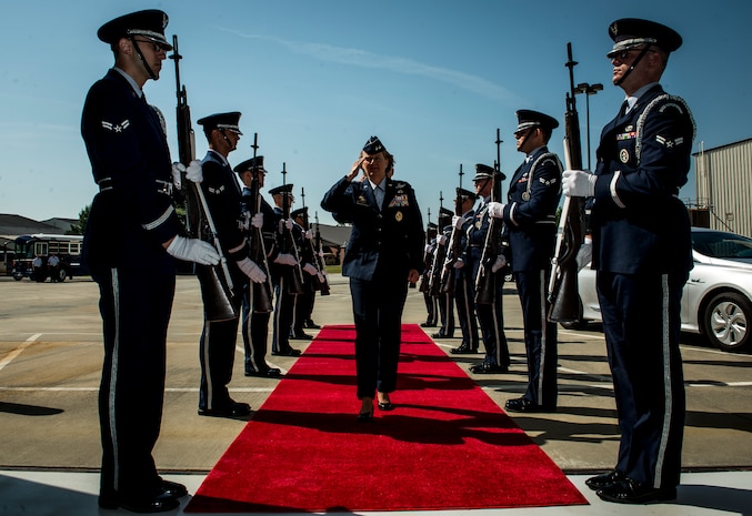 Maj. Gen. Barbara Faulkenberry, 18th Air Force commander, arrives at the 437th Airlift Wing change of command ceremony where she addressed members and invited guests of the 437th AW and officiated the change of command ceremony on May 22, 2014, in Nose Dock 2 at Joint Base Charleston - Air Base, S.C. (U.S. Air Force photo/Senior Airman Dennis Sloan)