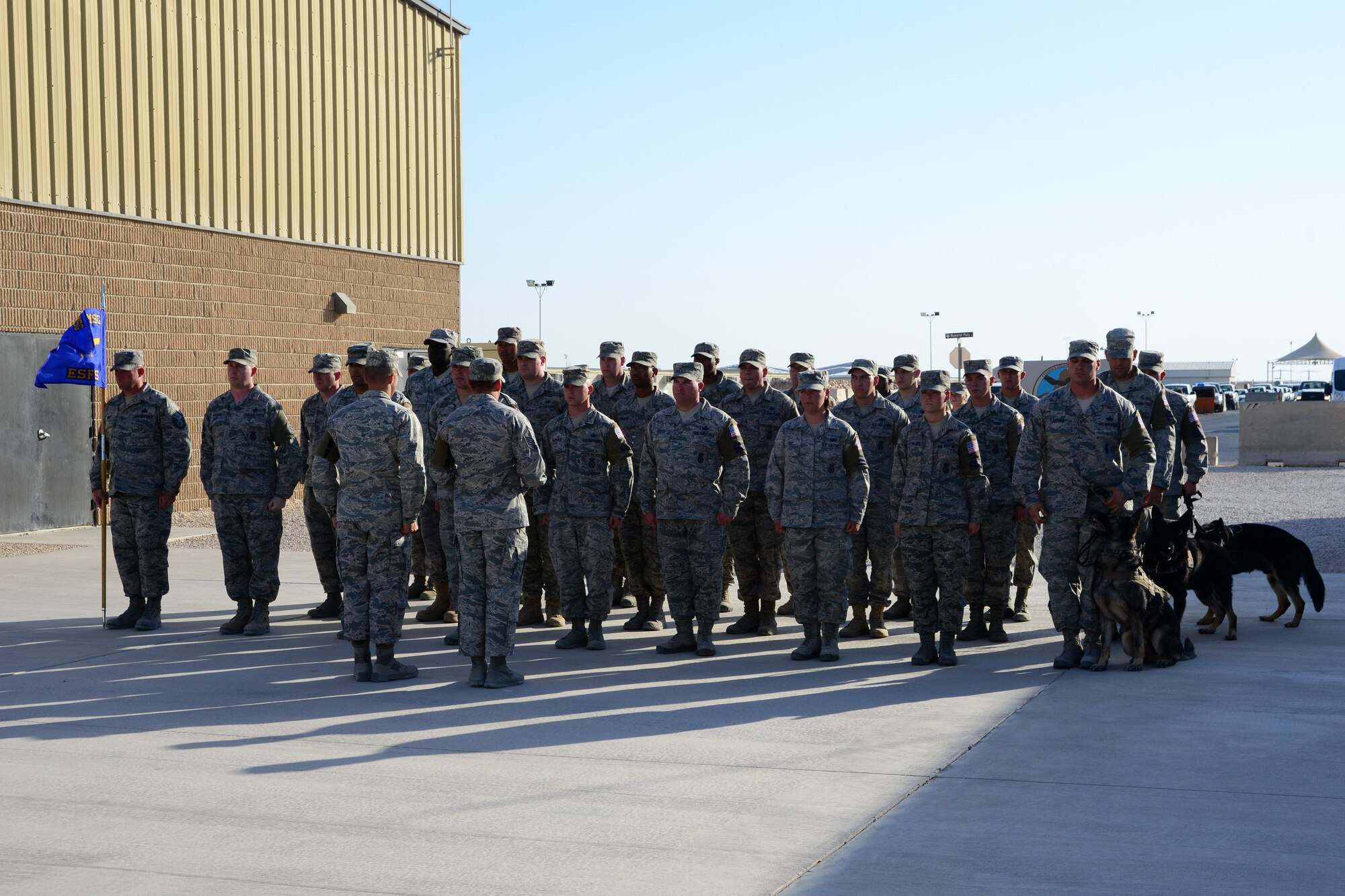 U.S. Air Force Airmen from the 379th Expeditionary Security Forces Squadron stand in formation during a retreat ceremony at Al Udeid Air Base, Qatar, May 16, 2014.  The ceremony was part of National Police week and  a way to pay respect to all the fallen service members that have paid the ultimate price.  (U.S. Air Force Photo by Master Sgt. Marcelo Joniaux)