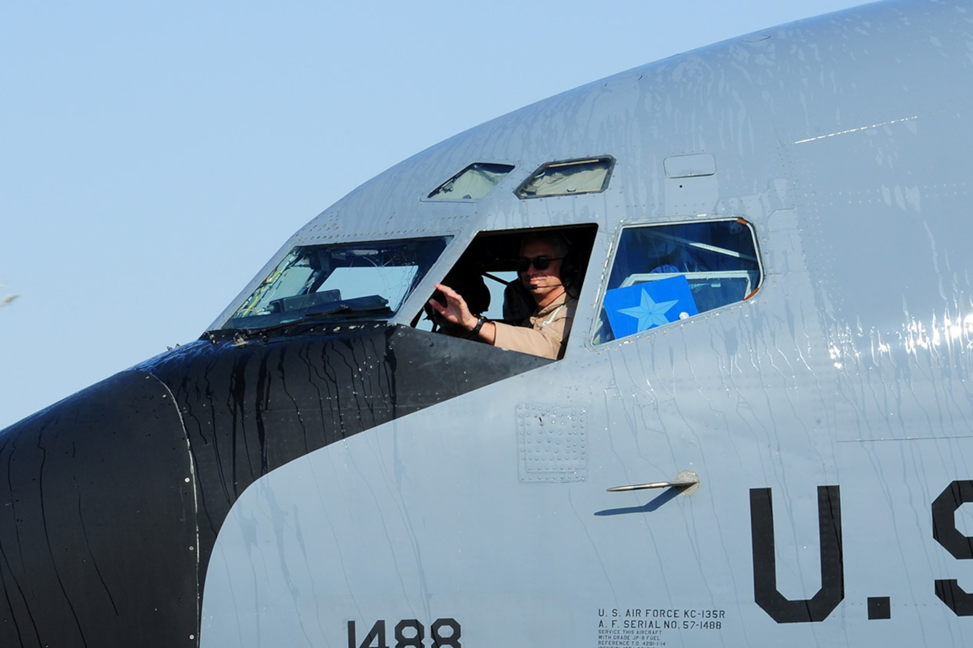 U.S. Air Force Brig. Gen. Roger H. Watkins, 379th Air Expeditionary Wing commander, taxis in after a fini flight at Al Udeid Air Base, Qatar, May 20, 2014. Watkins has commanded the 379th AEW since June 2012 and hails from Fort Worth, Texas. (U.S. Air Force photo by Staff Sgt. Ciara Wymbs)