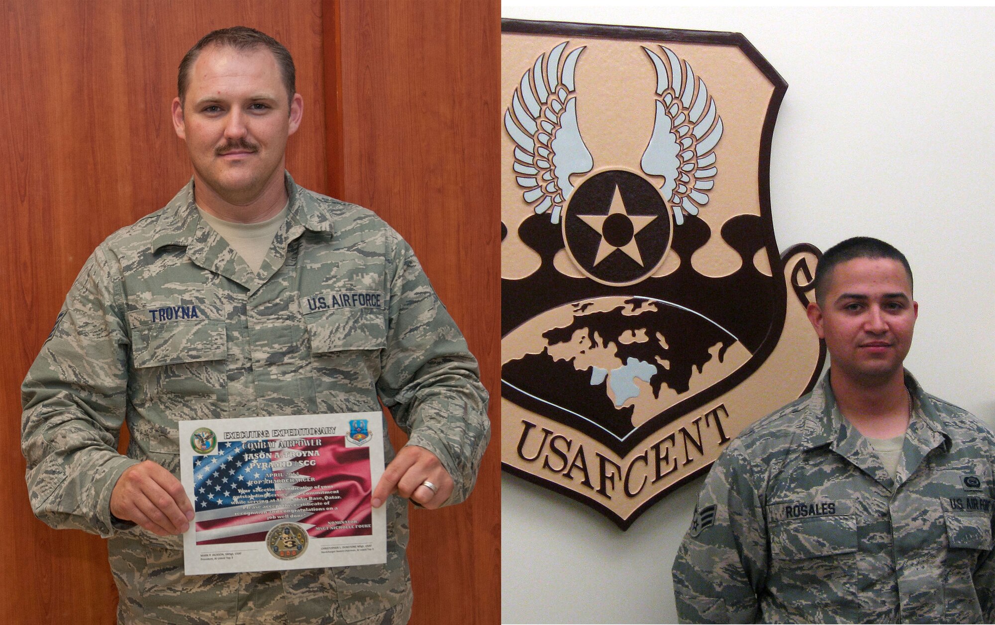 Staff Sgt. Jason A. Troyna and Senior Airman Robert A. Rosales III were awarded the Al Udeid Air Base Hard Charger Award for the month of April. The award by the Top 3 recognizes top performers who provide outstanding customer service and who do a job well done above their rank. Rosales is assigned to the 609th Air and Space Operations Center as a Signal Intelligence Collection Manager who hails from Tucson, Arizona, and is deployed from Davis-Monthan AFB, Arizona.  Troyna is assigned to the 71th Expeditionary Air Control Squadron as a Power Production Craftsman, who hails from Orem, Utah and is deployed from Mountain Home AFB, Montana. (U.S. Air Force illustration by Staff Sgt. Ciara Wymbs)