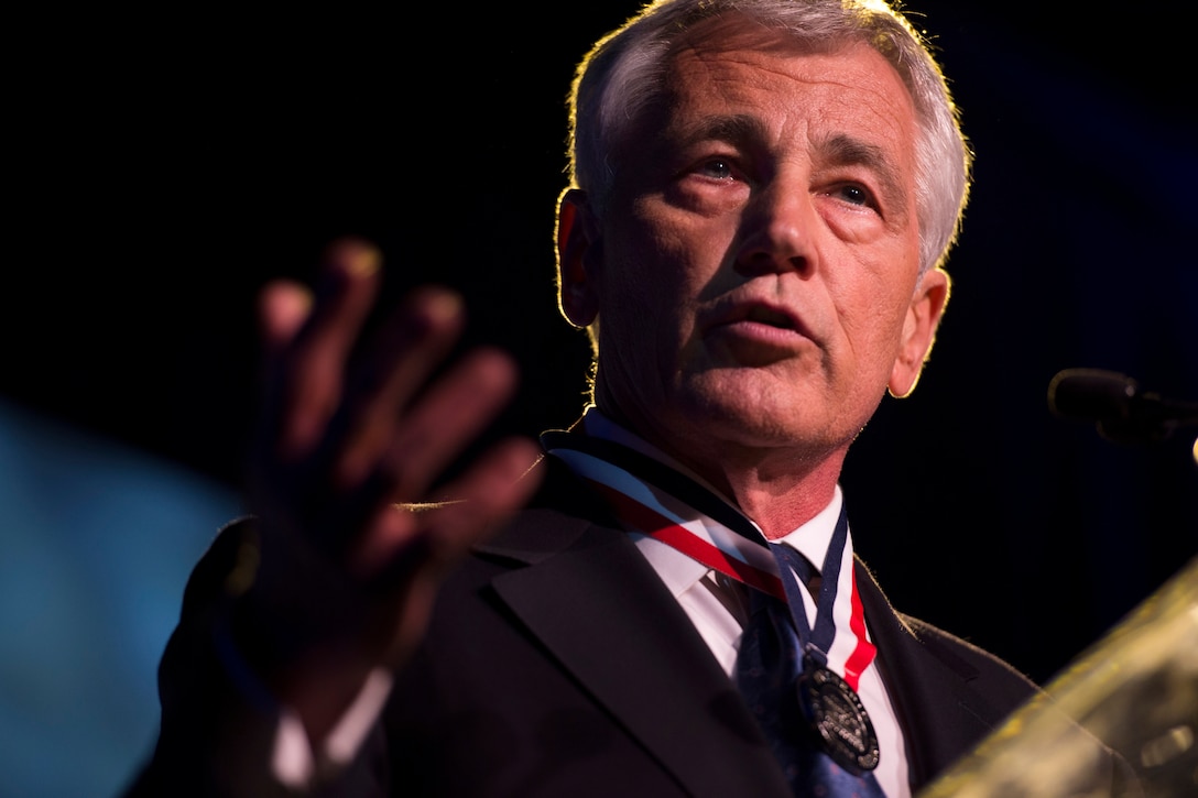 Defense Secretary Chuck Hagel delivers remarks after receiving the 2014 Intrepid Freedom Award at the Intrepid Sea, Air and Space Museum in New York, May 22, 2014.