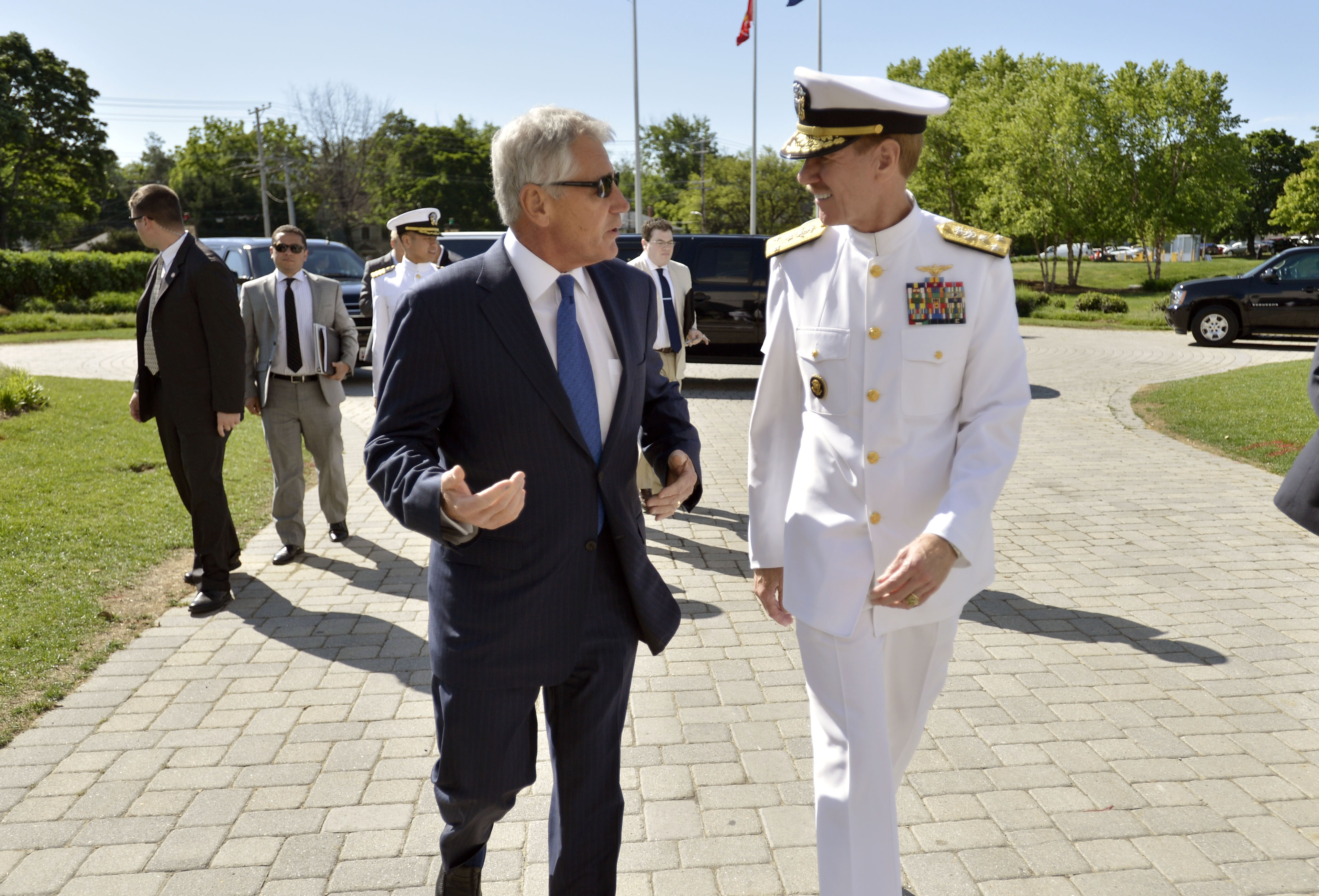 Defense Secretary Chuck Hagel and Navy Vice Adm. Mike Miller, the 61st