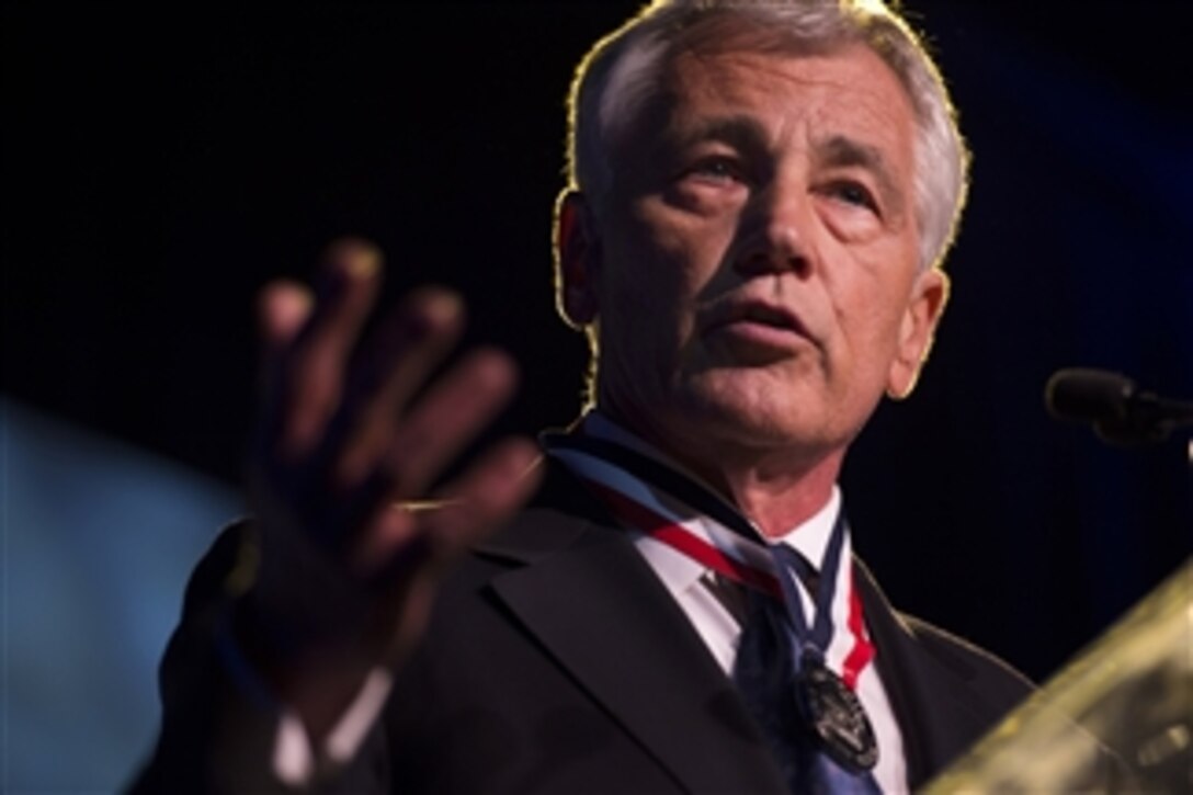 Defense Secretary Chuck Hagel delivers remarks after receiving the 2014 Intrepid Freedom Award at the Intrepid Sea, Air and Space Museum in New York, May 22, 2014. The award recognizes a national or international leader who has promoted and defended the values of freedom and democracy.