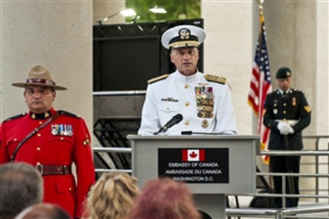 Navy Adm. James A. Winnefeld Jr., vice chairman of the Joint Chiefs of Staff, provides remarks during Canada’s Afghanistan Memorial Vigil in the courtyard of the Canadian Embassy in Washington, D.C., May 22, 2014. The memorial honors the shared service and sacrifices of Canadians and Americans during the war in Afghanistan.