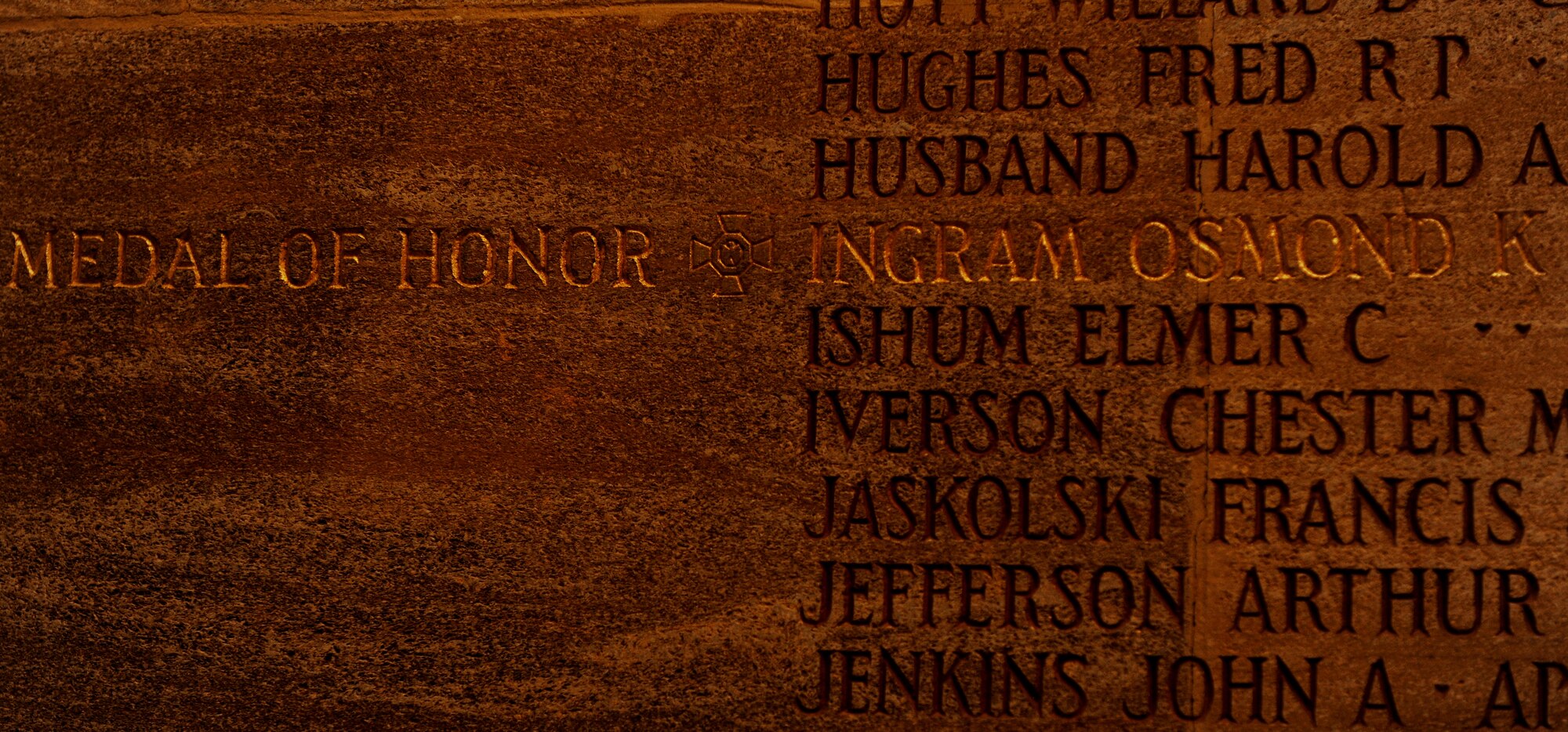 U.S. Navy Gunner's Mate 1st Class Osmond Ingram's name is engraved on the interior chapel wall at the Brookwood American Military Cemetery, United Kingdom. Ingram is the only Medal of Honor recipient to be immortalized at Brookwood. (U.S. Air Force photo by Staff Sgt. Jarad A. Denton/Released)