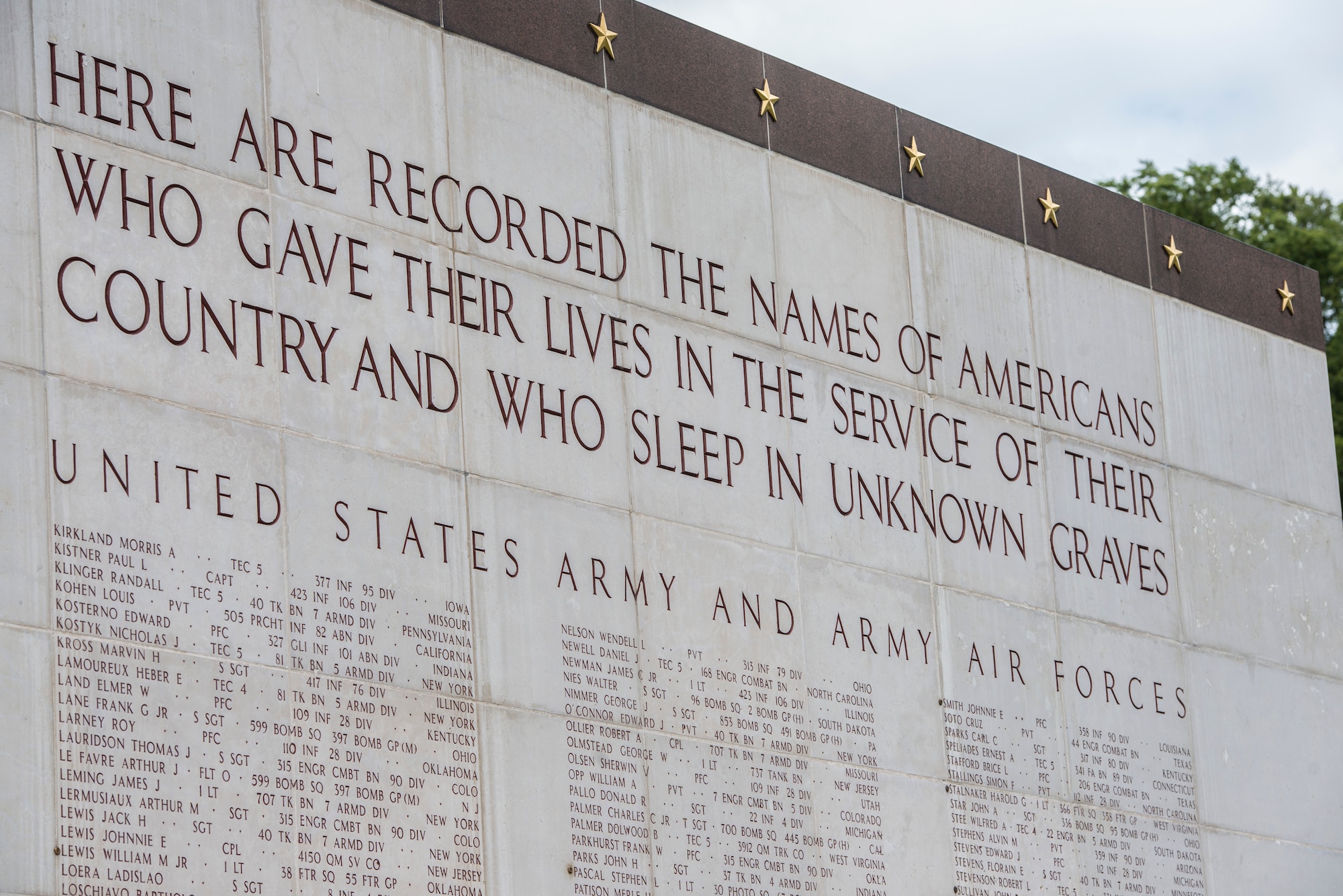 Names of U.S. Army and U.S. Army Air Forces personnel who were lost at war are on display at the Luxembourg-American Military Cemetery and Memorial, Luxembourg, May 24, 2014. Memorial Day is designated to honor fallen service members and to thank them for their sacrifices to their country. (U.S. Air Force photo by Staff Sgt. Christopher Ruano/Released)