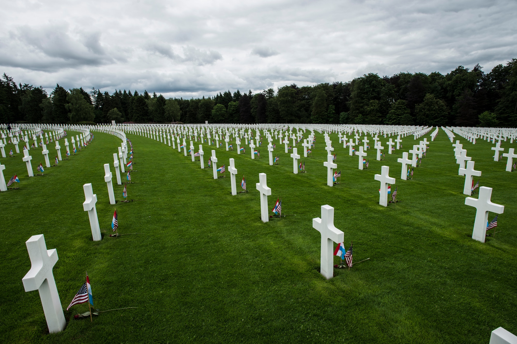 Fallen World War II service members are remembered and honored during a Memorial Day ceremony at the Luxembourg-American Military Cemetery and Memorial, Luxembourg, May 24, 2014. The cemetery and memorial is the resting place for more than 5,000 U.S. service members, including U.S. Army Gen. George S. Patton. (U.S. Air Force photo by Staff Sgt. Christopher Ruano/Released)