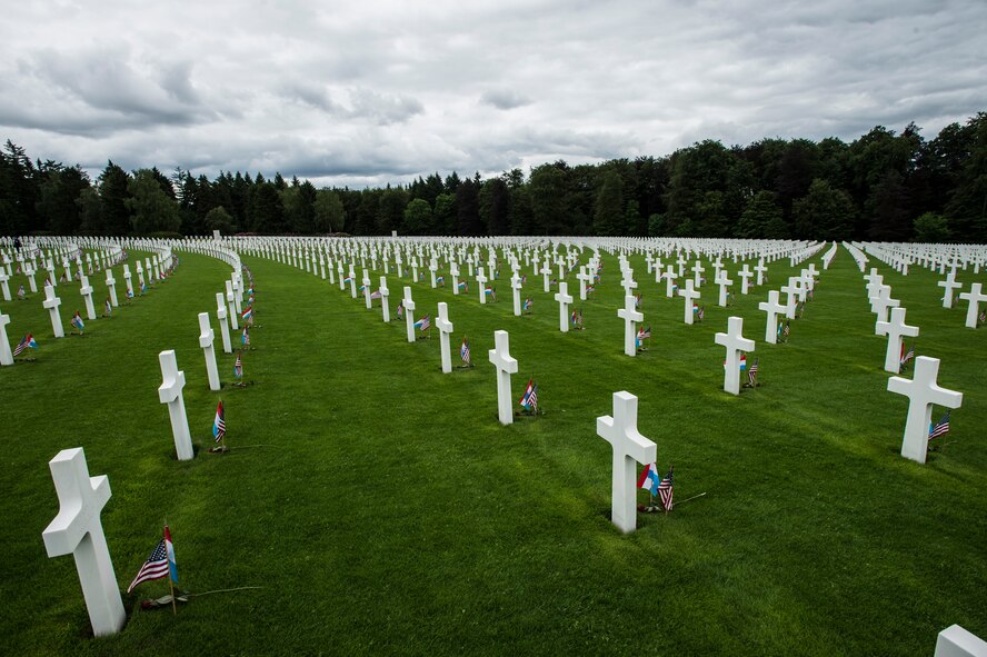 Fallen World War II service members are remembered and honored during a Memorial Day ceremony at the Luxembourg-American Military Cemetery and Memorial, Luxembourg, May 24, 2014. The cemetery and memorial is the resting place for more than 5,000 U.S. service members, including U.S. Army Gen. George S. Patton. (U.S. Air Force photo by Staff Sgt. Christopher Ruano/Released)