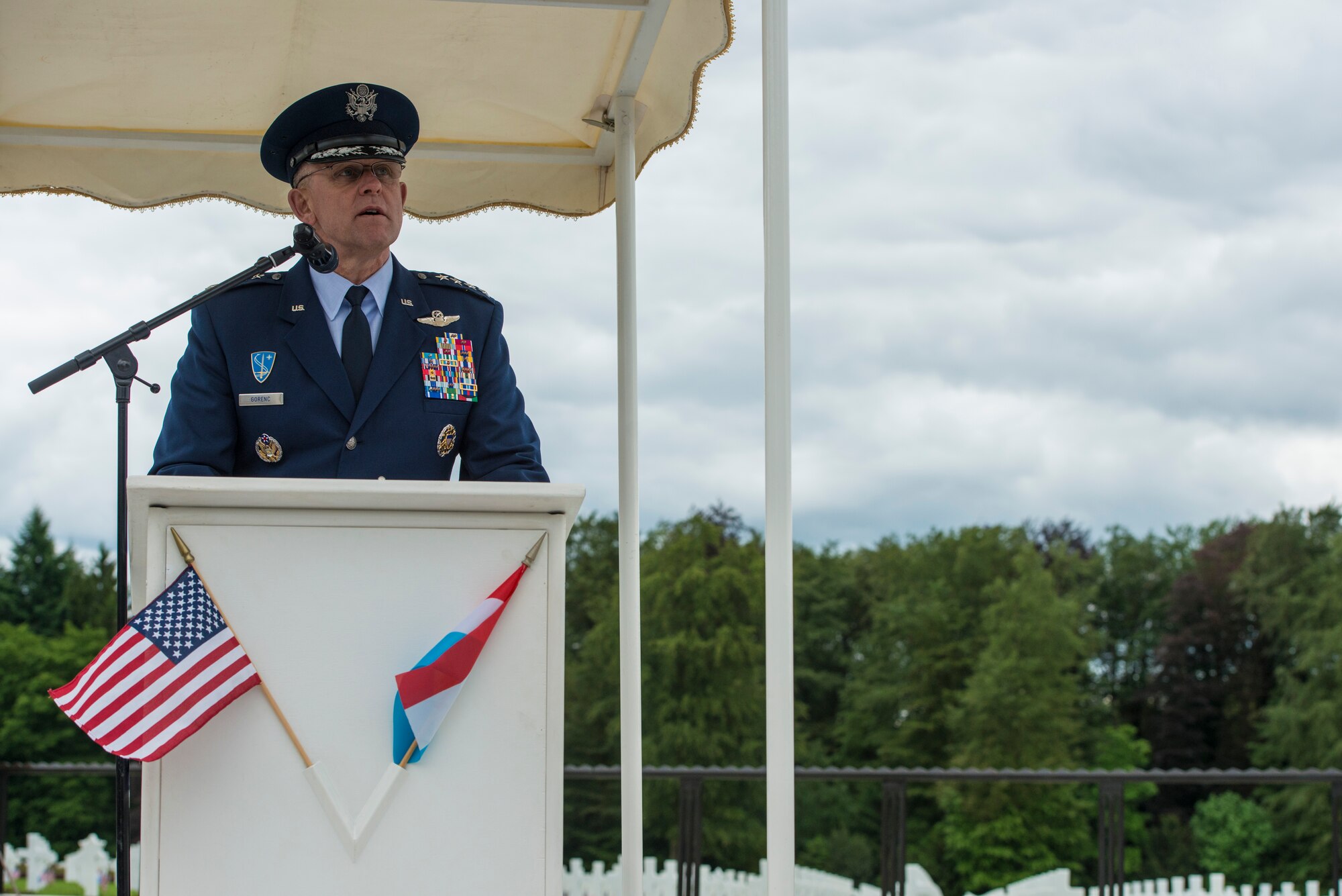 U.S. Air Force Gen. Frank Gorenc, U.S. Air Forces in Europe and Air Forces Africa commander, speaks to military members, veterans and visitors during a Memorial Day ceremony at the Luxembourg-American Military Cemetery and Memorial, Luxembourg, May 24, 2014. Gorenc stressed the importance of the commitment of combined partnerships working together to ensure the security of nations. USAFE-AFAFRICA ready Airmen are prepared and positioned to deter aggression, prevent crisis, and support the full-spectrum of operations with a response time that allows the U.S. to be first to the fight. (U.S. Air Force photo by Staff Sgt. Christopher Ruano/Released)