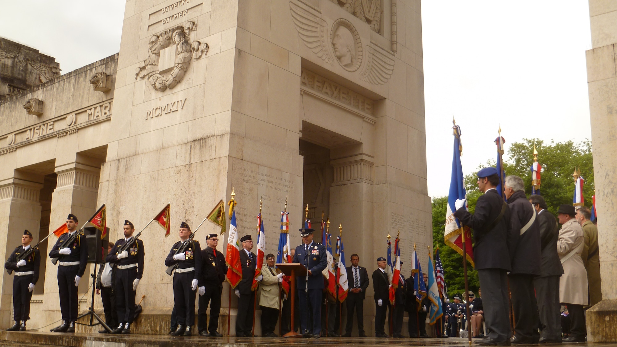 MARNES-LA-COQUETTE, France -- Lt. Gen. Tom Jones, U.S. Air Forces in Europe and Air Forces Africa vice commander, delivers remarks at the Escadrille Lafayette Memorial Service May 24, 2014, just outside Paris. The memorial service commemorates fallen U.S. volunteer pilots of Escadrille Lafayette, or the Lafayette Squadron, who flew combat missions with the French military in WWI before and after the United States officially joined the war. (U.S. Air Force photo/Capt. Reba Good)