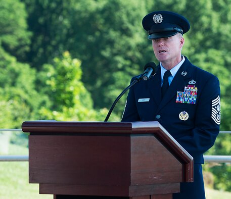 Chief Master Sgt. of the Air Force James A. Cody speaks during a Memorial Day wreath-laying ceremony held May 26, 2014, at the Air Force Memorial, Arlington, Va. Cody remarked that for him on Memorial Day the three spires of the memorial stood for freedom, fortitude and our fallen -- whose sacrifices give us cause to wave our flags today and in the future. (U.S. Air Force photo/Jim Varhegyi)