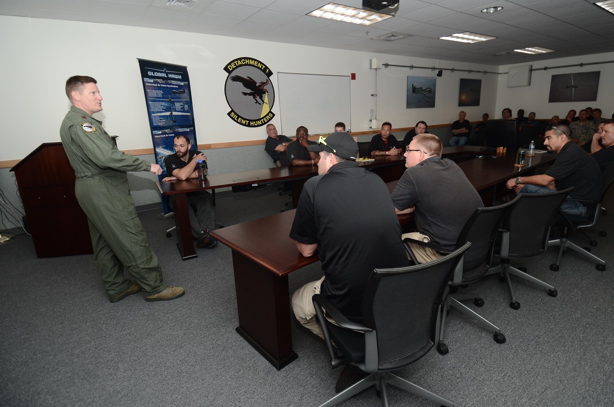 Maj. Sinclair Lagergren, 69th Reconnaissance Group, Detachment 1 director of operations, briefs members of the 69th RG prior to their deployment to Misawa Air Base, Japan, May 15, 2014, from Andersen Air Force Base, Guam. The detachment is deploying to Misawa to continue providing intelligence, surveillance and reconnaissance support in the Pacific during Guam’s rainy season. (U.S. Air Force photo by Airman 1st Class Emily A. Bradley/Released) 