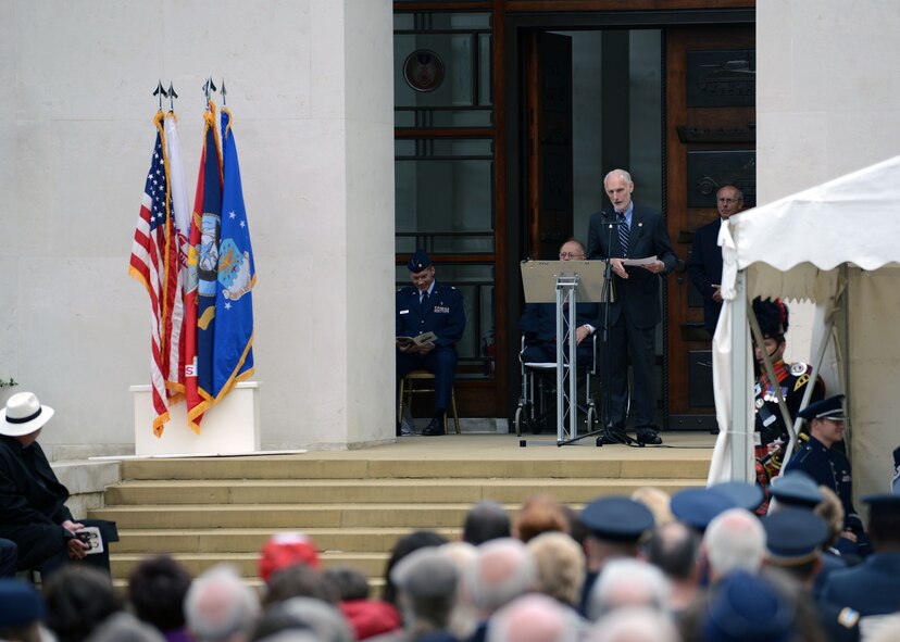 Retired U.S. Air Force Gen. Merrill A. McPeak, the 14th chief of staff of the Air Force, speaks May 26, 2014, at the Madingley American Cemetery in Cambridge, England. Memorial Day honors all service members who died during wars throughout history. (U.S. Air Force photo by Airman 1st Class Preston Webb/Released)